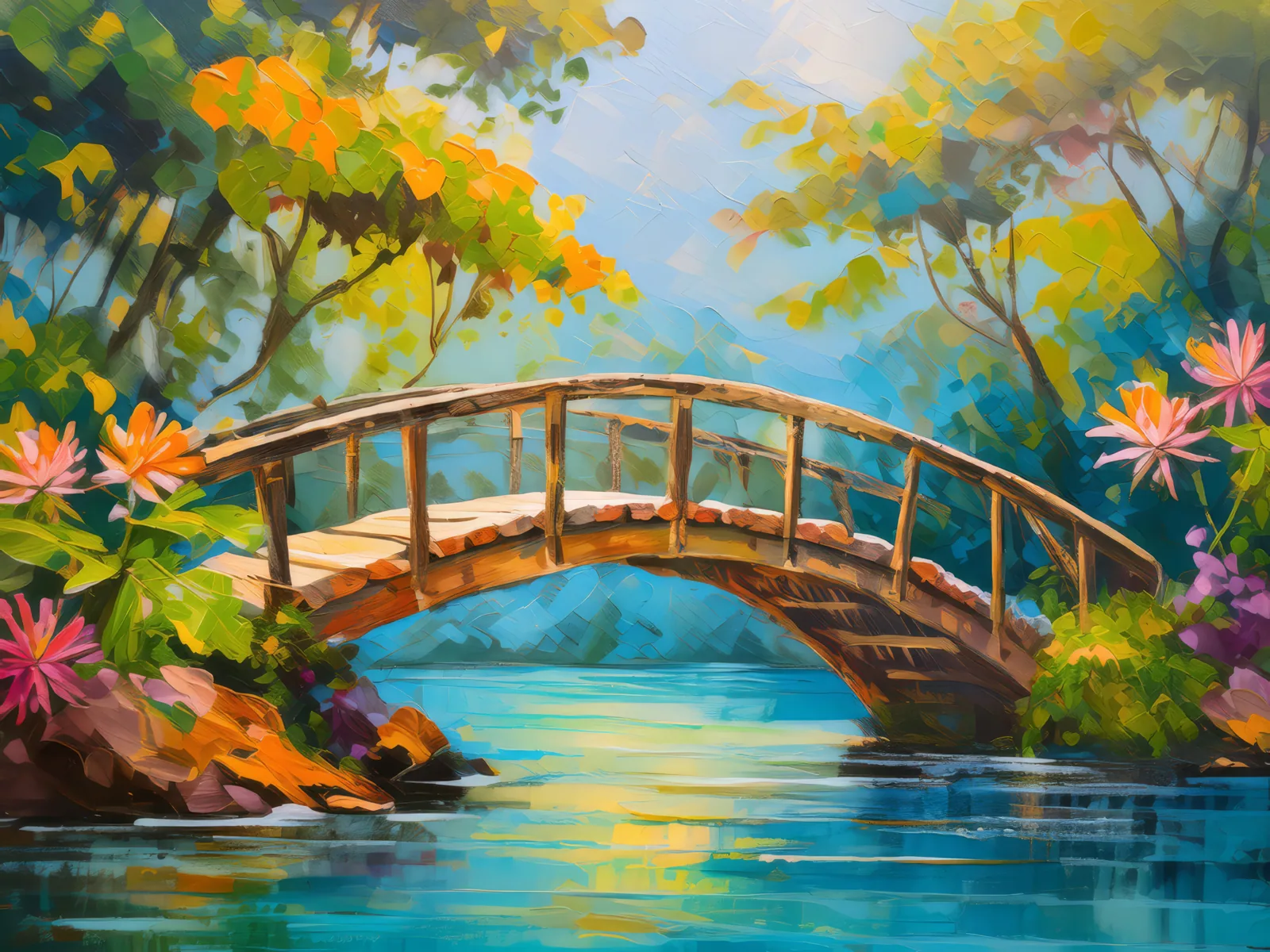Sunlit Lagoon Bridge, a palette-knife oil landscape by Emma Mickelberg