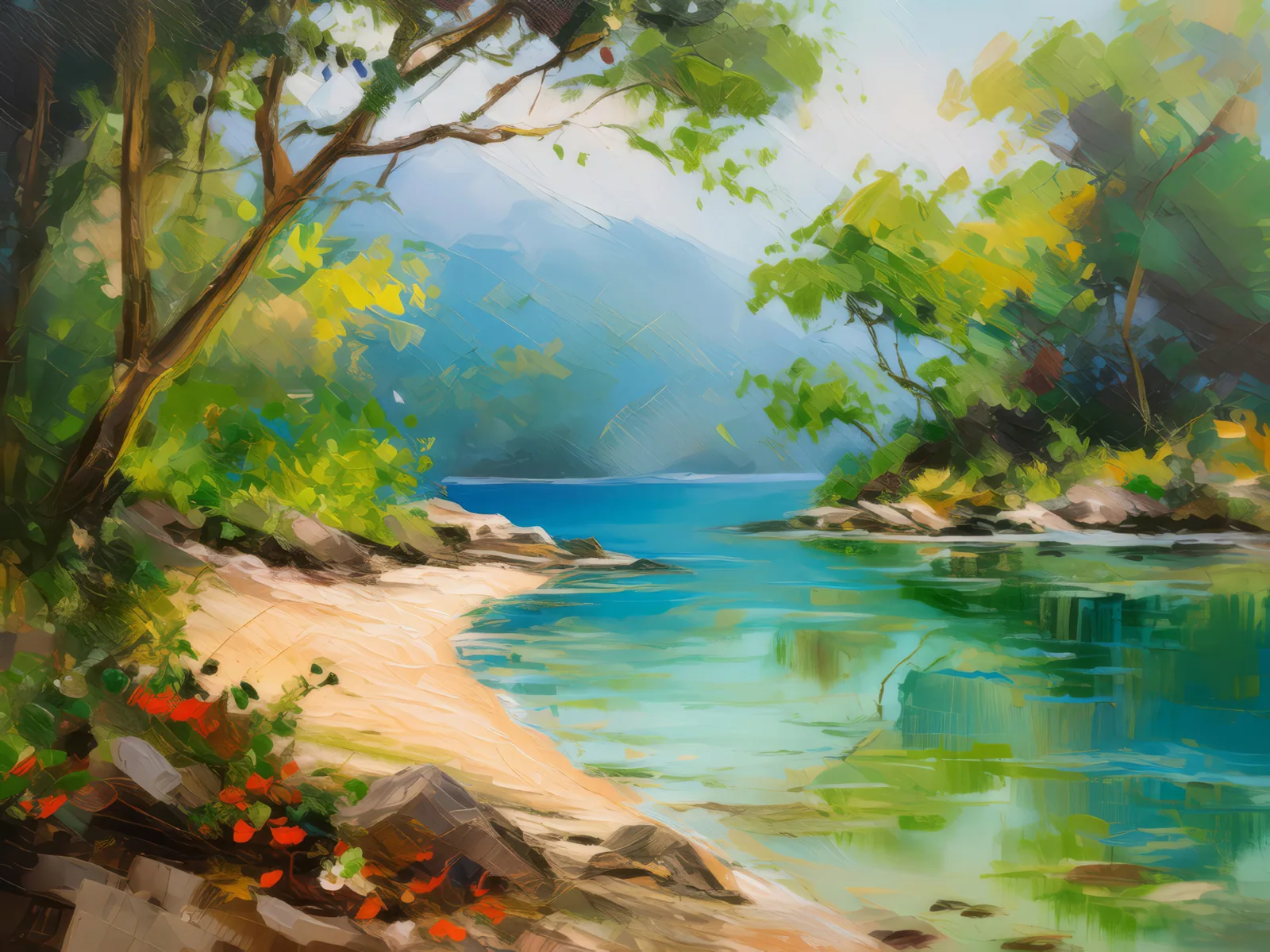 Sunlit Lagoon Shore, a palette-knife oil landscape by Emma Mickelberg