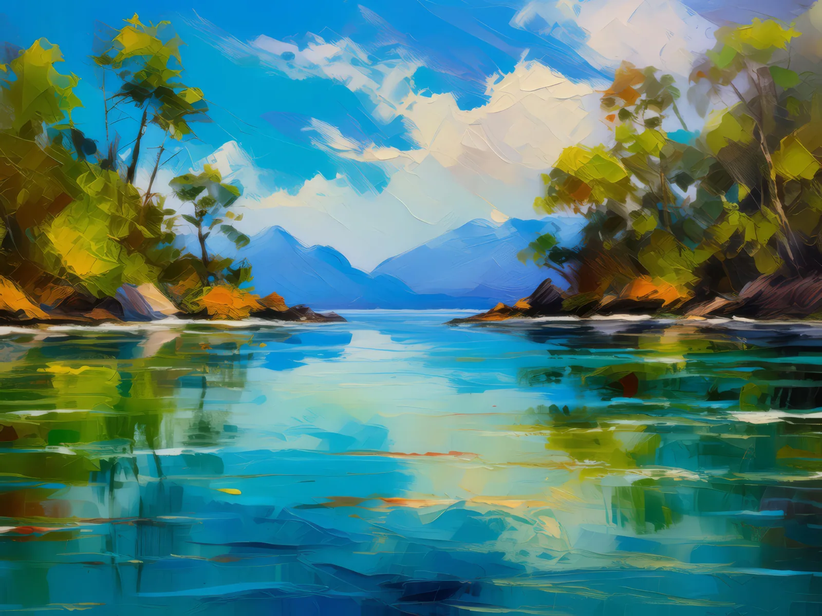 Sunlit Lagoon Waters, a palette-knife oil landscape by Emma Mickelberg