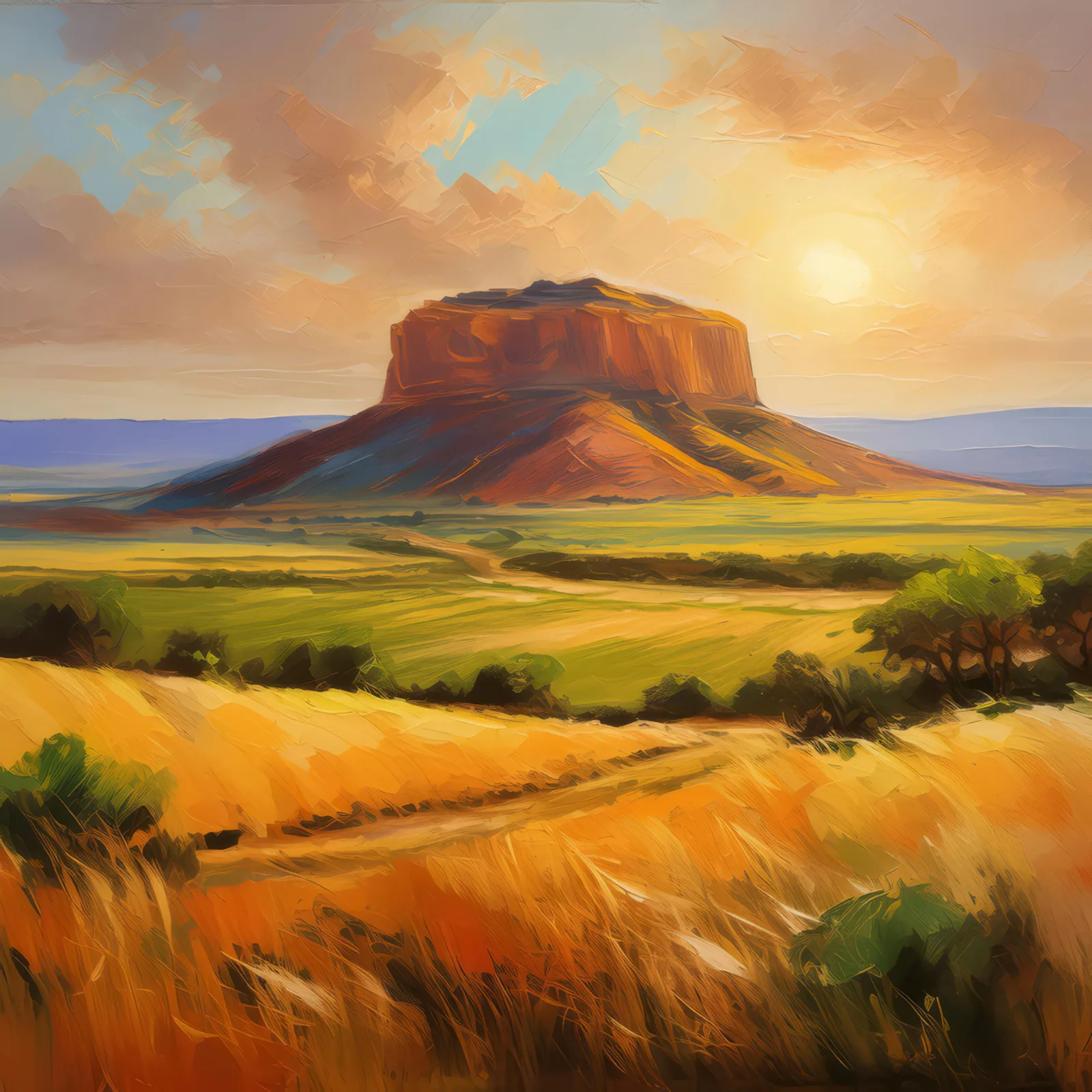 Sunlit Mesa Plains, a palette-knife oil landscape by Emma Mickelberg