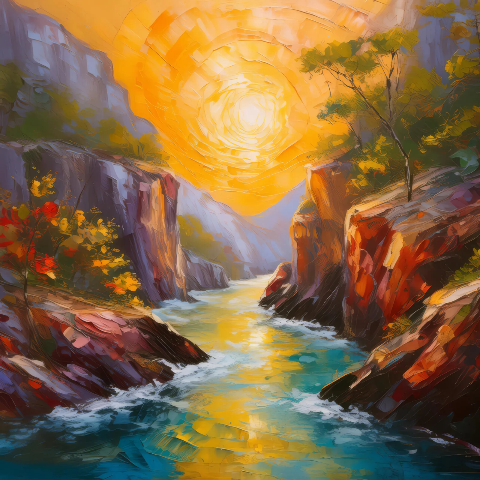 Sunlit River Chasm, a palette-knife oil landscape by Emma Mickelberg