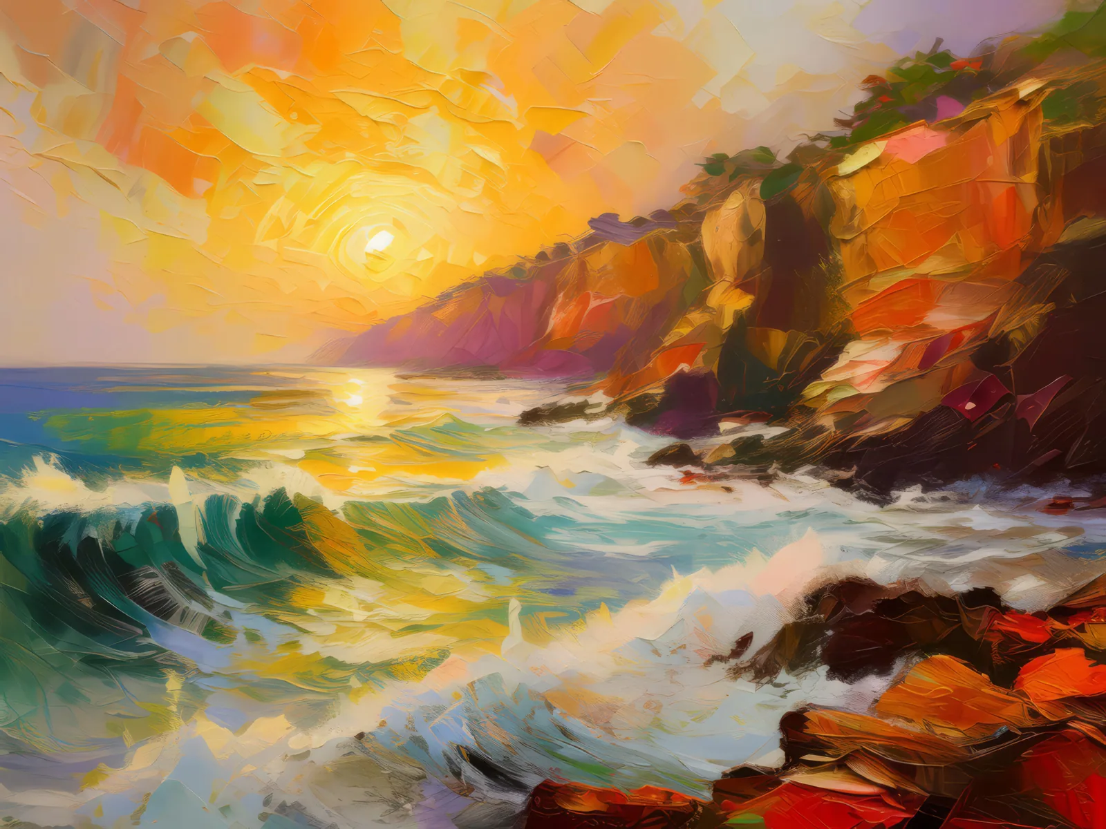 Sunlit Sea Cliffs, a palette-knife oil landscape by Emma Mickelberg