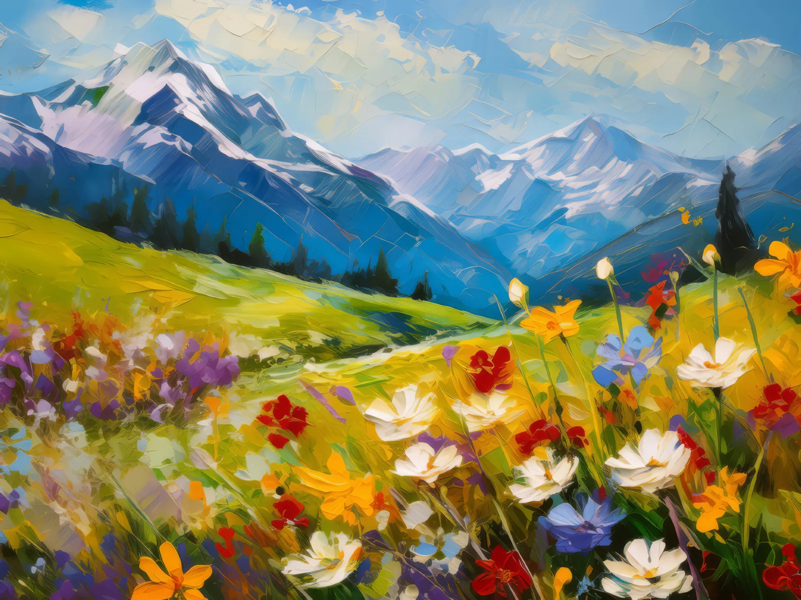 Sunny Alpine Meadow, a palette-knife oil landscape by Emma Mickelberg