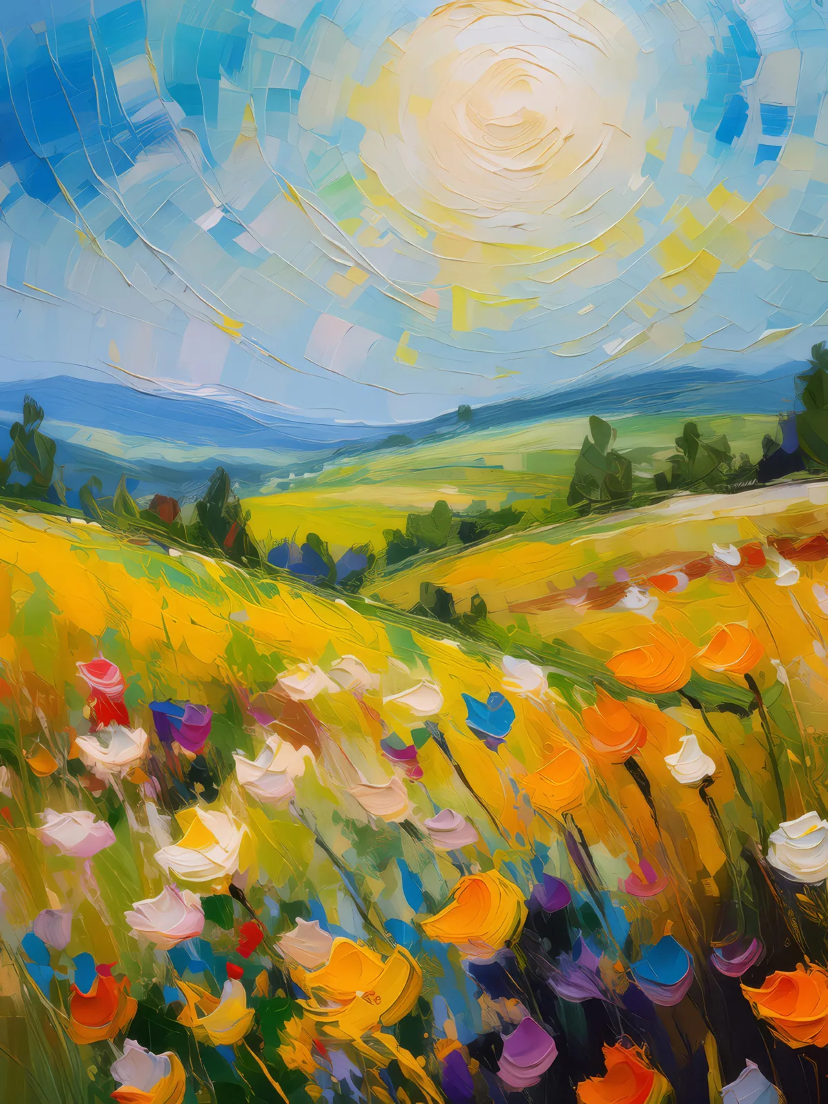 Sunny Countryside Field, a palette-knife oil landscape by Emma Mickelberg