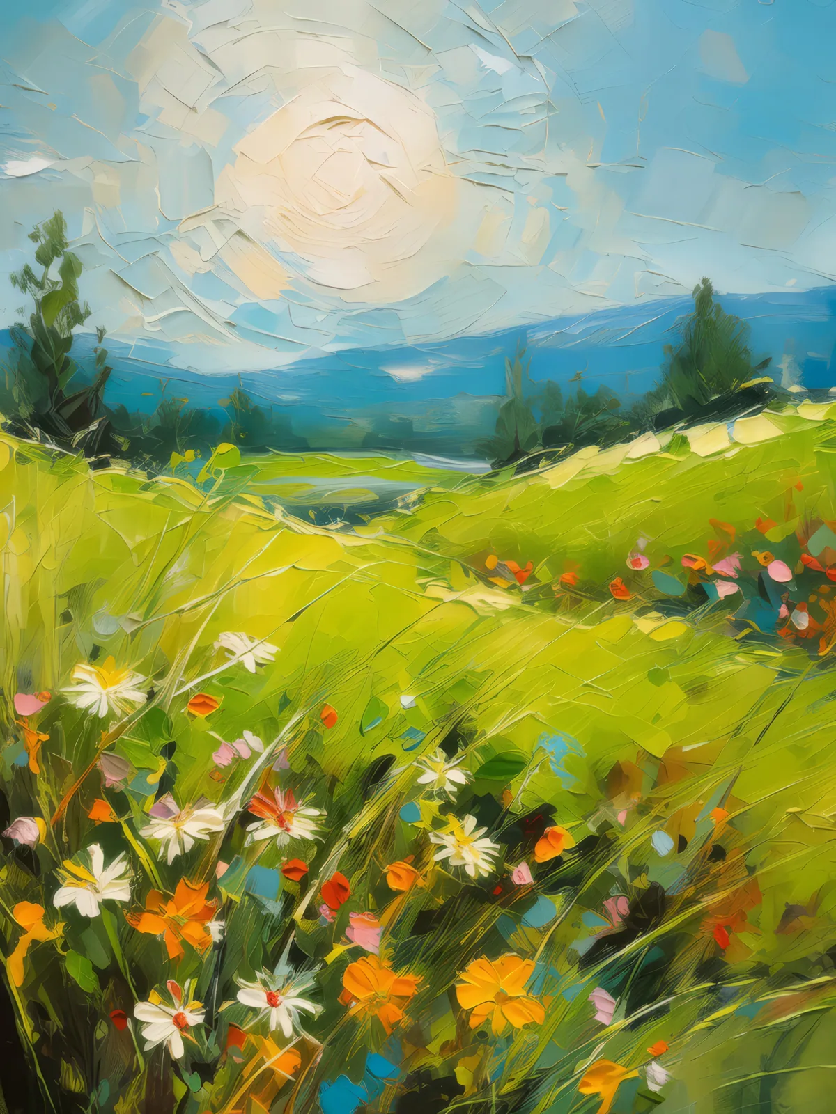 Sunny Day Grassland, a palette-knife oil landscape by Emma Mickelberg