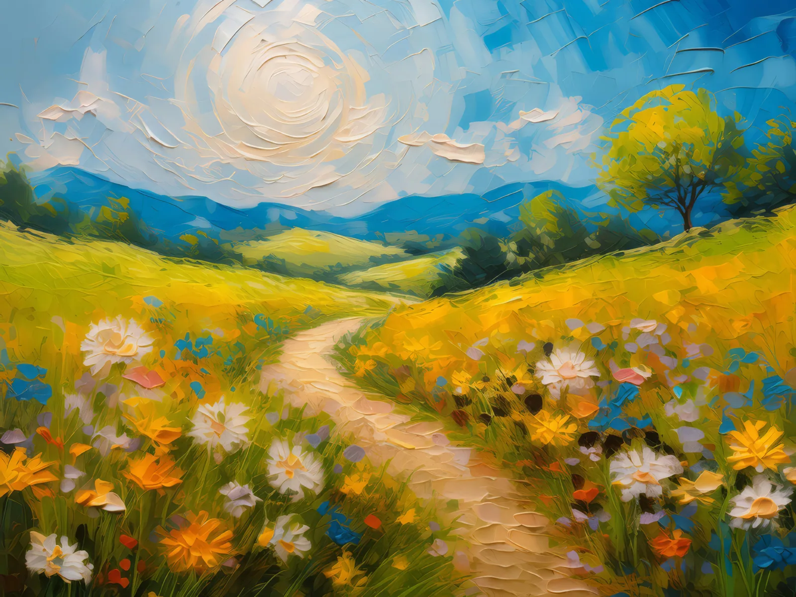 Sunny Meadow Path, a palette-knife oil landscape by Emma Mickelberg