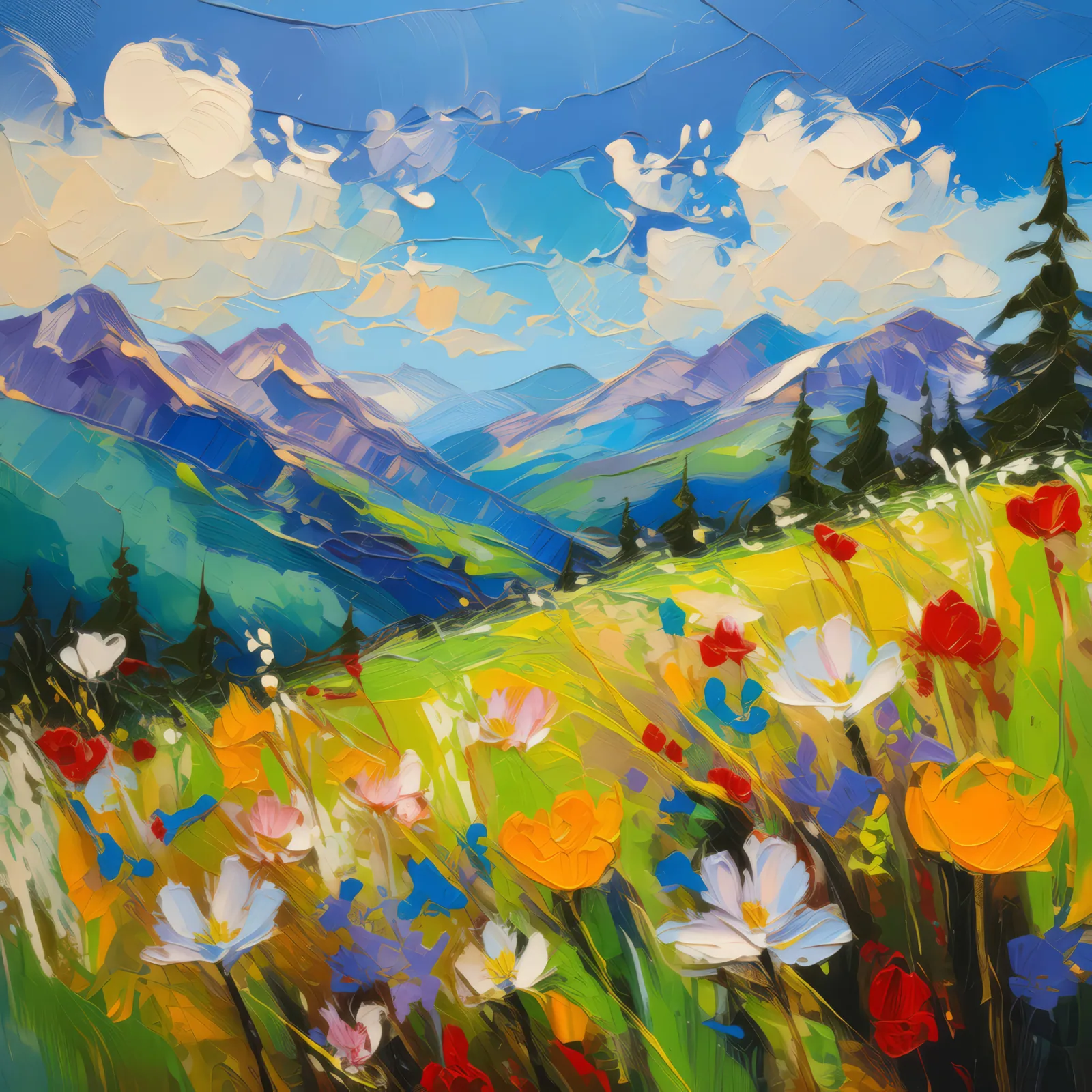 Sunny Mountain Meadow, a palette-knife oil landscape by Emma Mickelberg