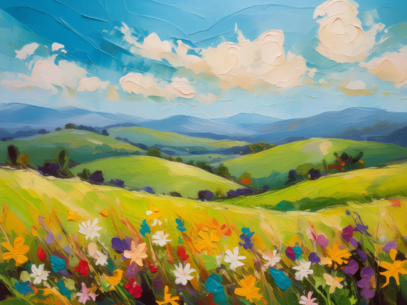 Sunny Pastoral Field, a palette-knife oil landscape by Emma Mickelberg