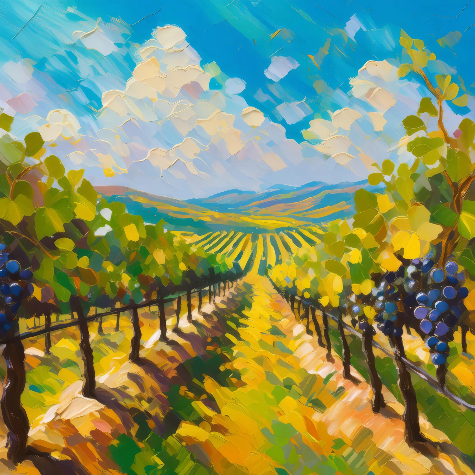 Sunny Vineyard, a palette-knife oil landscape by Emma Mickelberg
