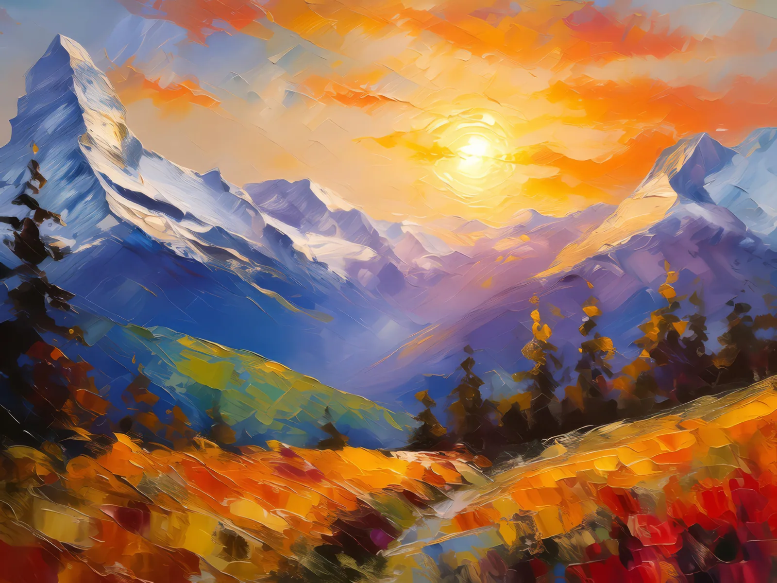 Sunrise at Alpine Heights, a palette-knife oil landscape by Emma Mickelberg