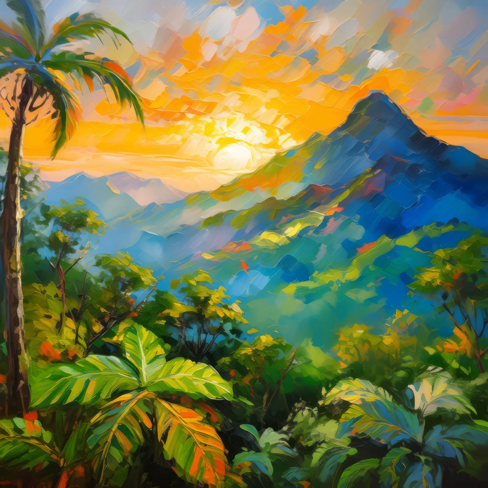 Sunrise Atop Tropical Ridge, a palette-knife oil landscape by Emma Mickelberg