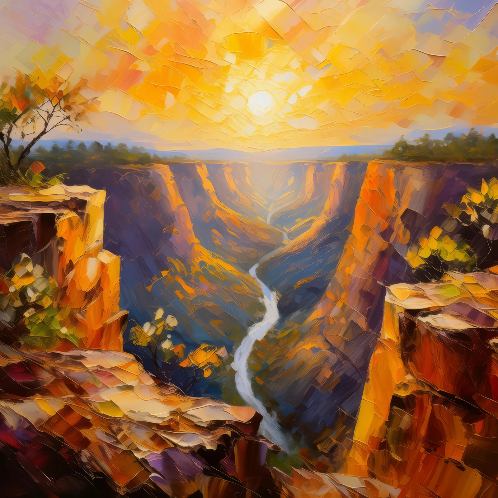 Sunrise Chasm Vista, a palette-knife oil landscape by Emma Mickelberg