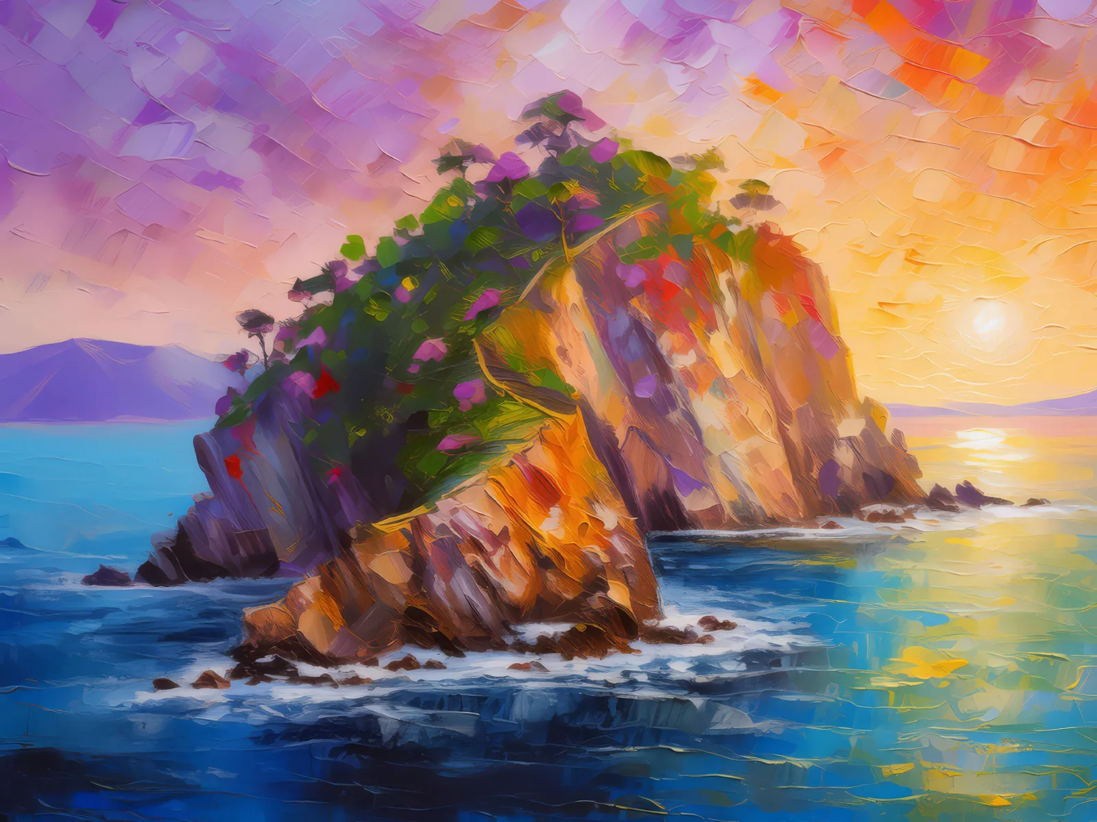 Sunrise Cliff Island, a palette-knife oil landscape by Emma Mickelberg