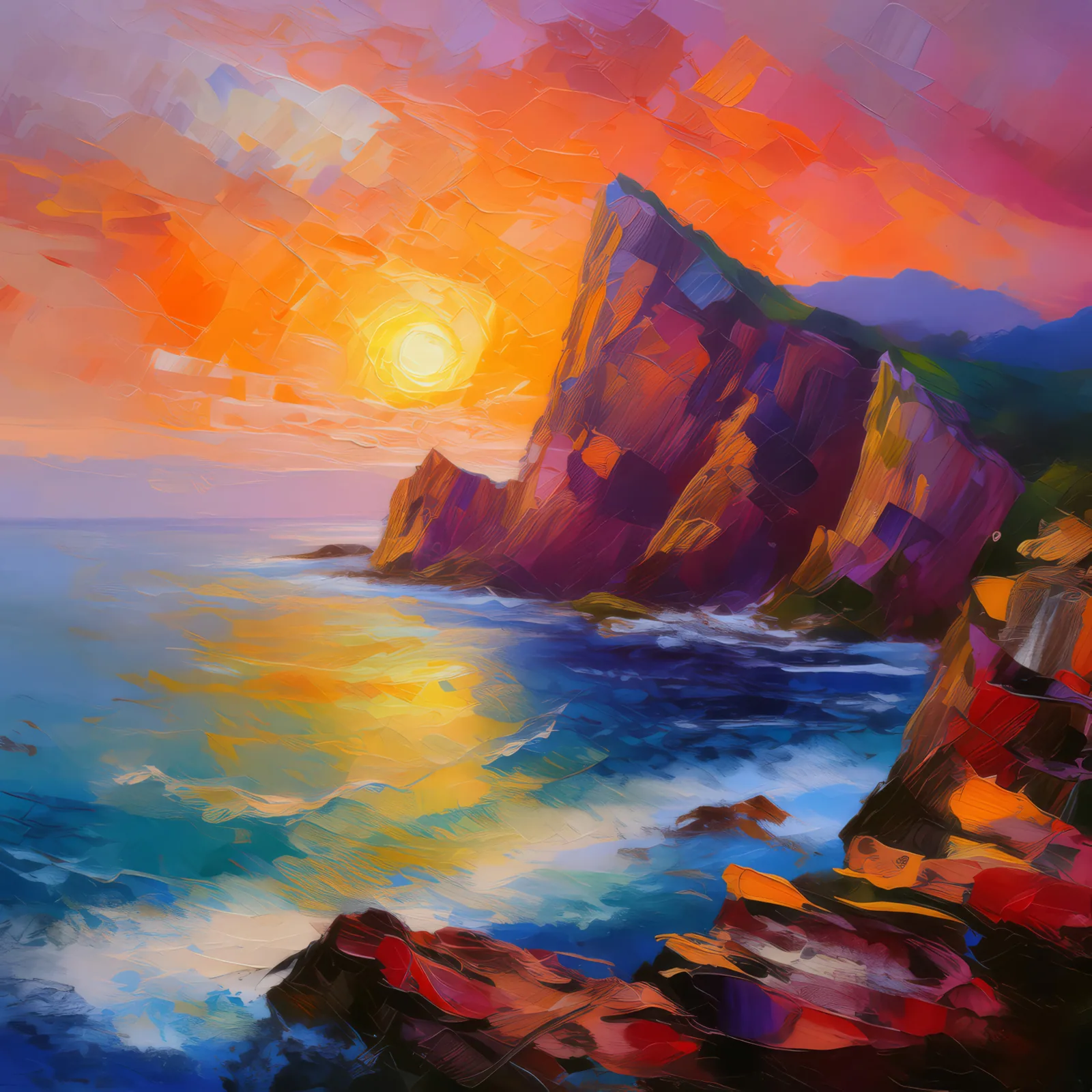 Sunrise Crag Panorama, a palette-knife oil landscape by Emma Mickelberg
