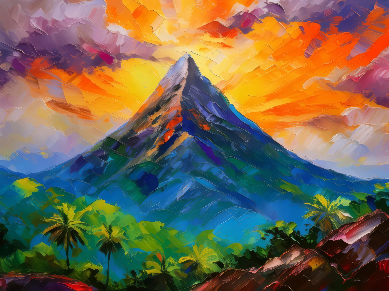 Sunrise Cresting Tropical Peak, a palette-knife oil landscape by Emma Mickelberg