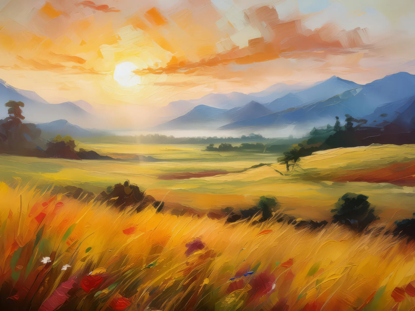 Sunrise Grassland Vista, a palette-knife oil landscape by Emma Mickelberg