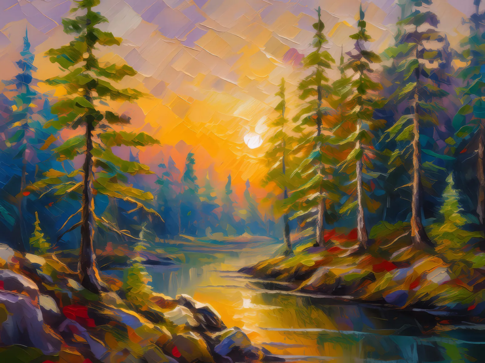 Sunrise in Boreal Forest, a palette-knife oil landscape by Emma Mickelberg