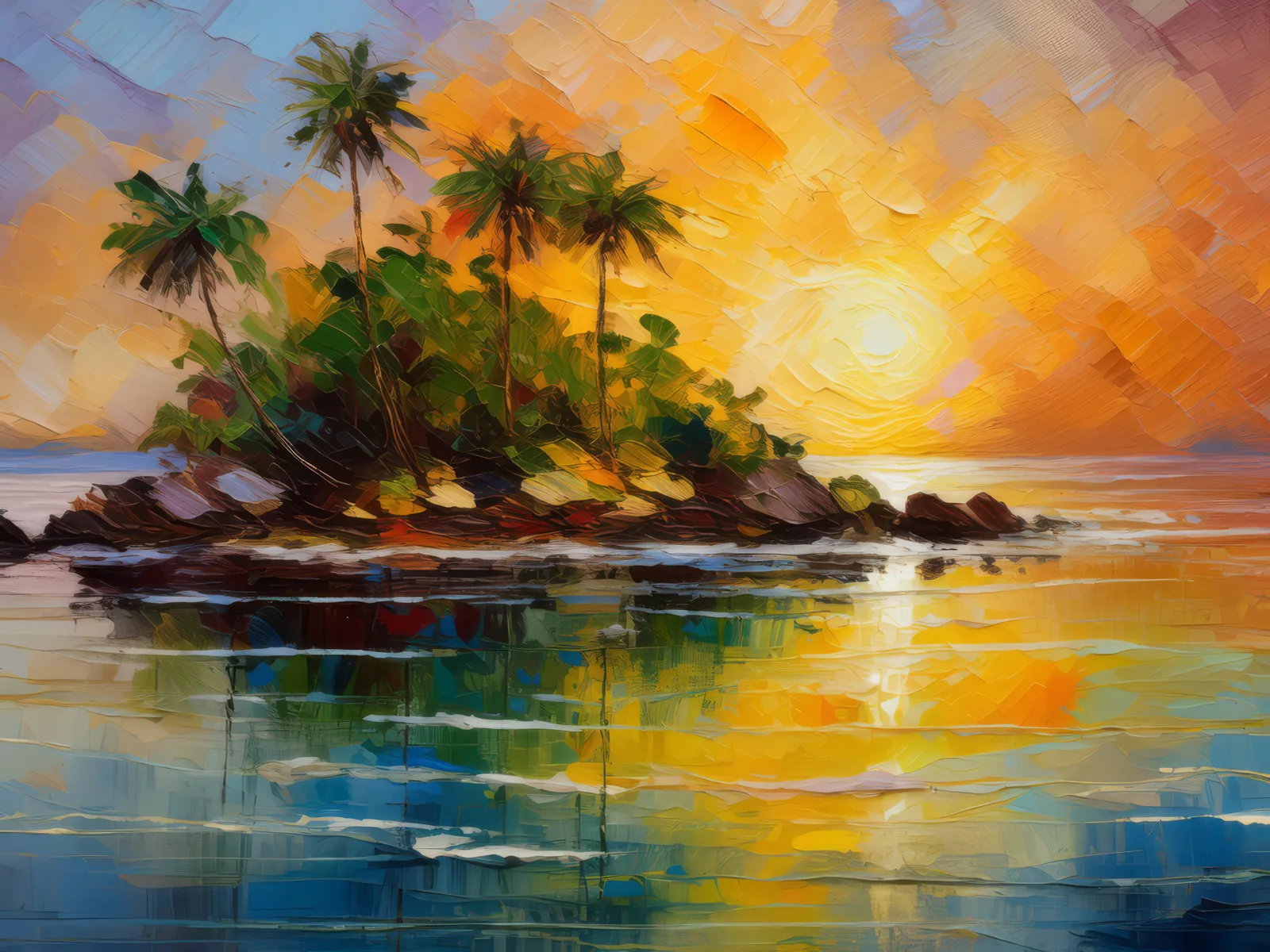 Sunrise Lagoon Island, a palette-knife oil landscape by Emma Mickelberg