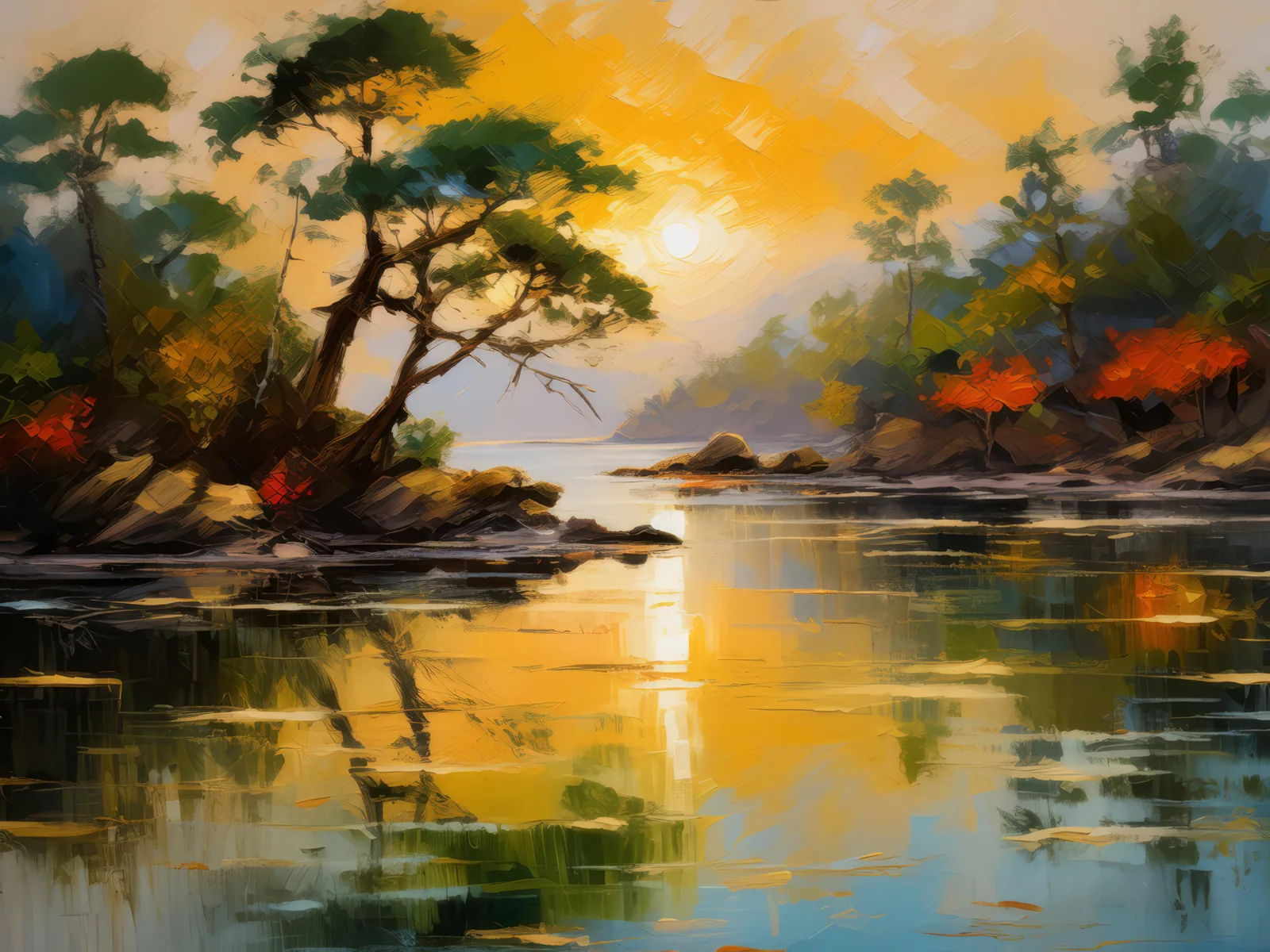 Sunrise Lagoon Serenity, a palette-knife oil landscape by Emma Mickelberg