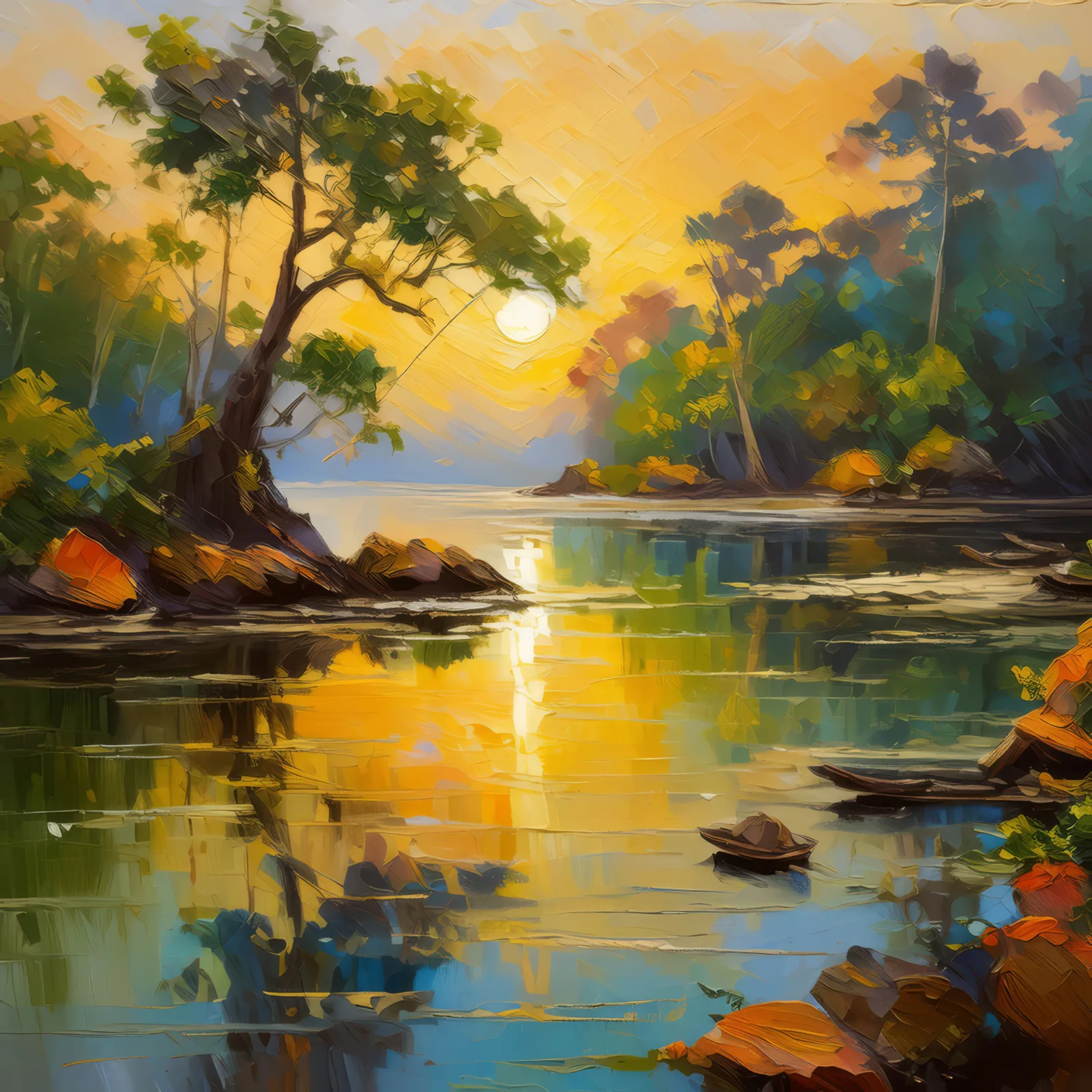Sunrise Lagoon, a palette-knife oil landscape by Emma Mickelberg