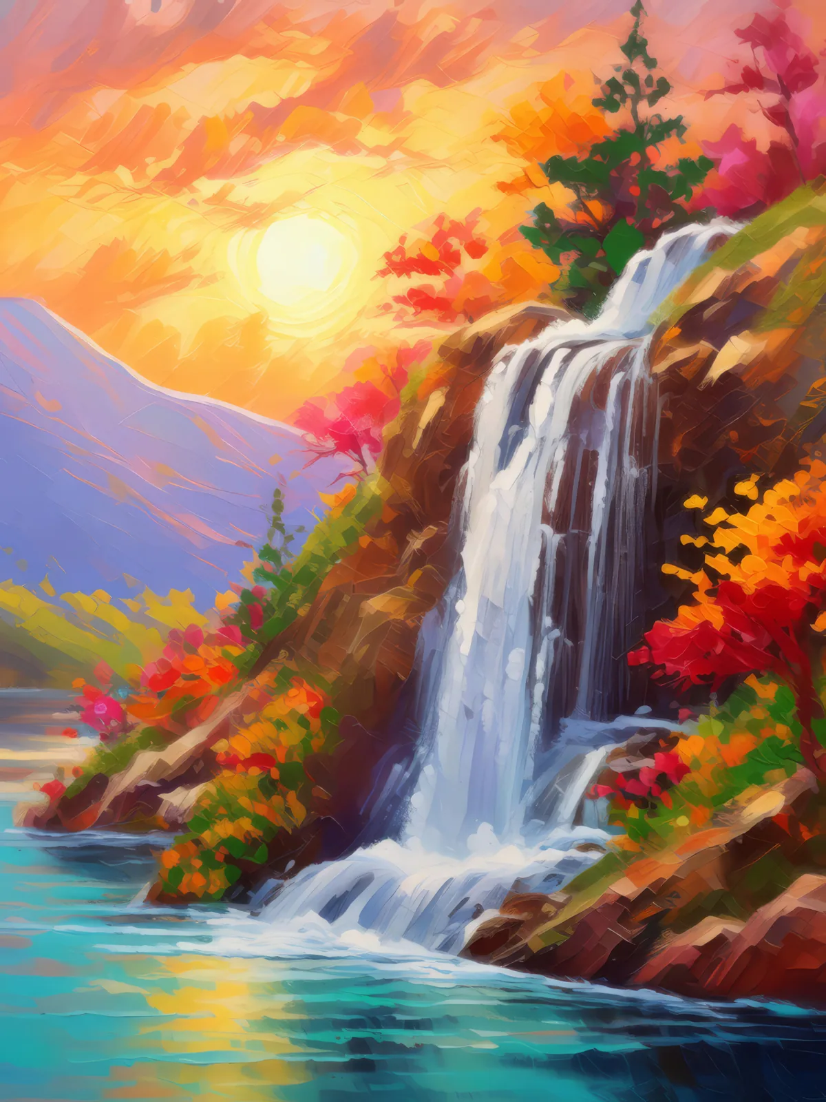 Sunrise Mountain Waterfall, a palette-knife oil landscape by Emma Mickelberg