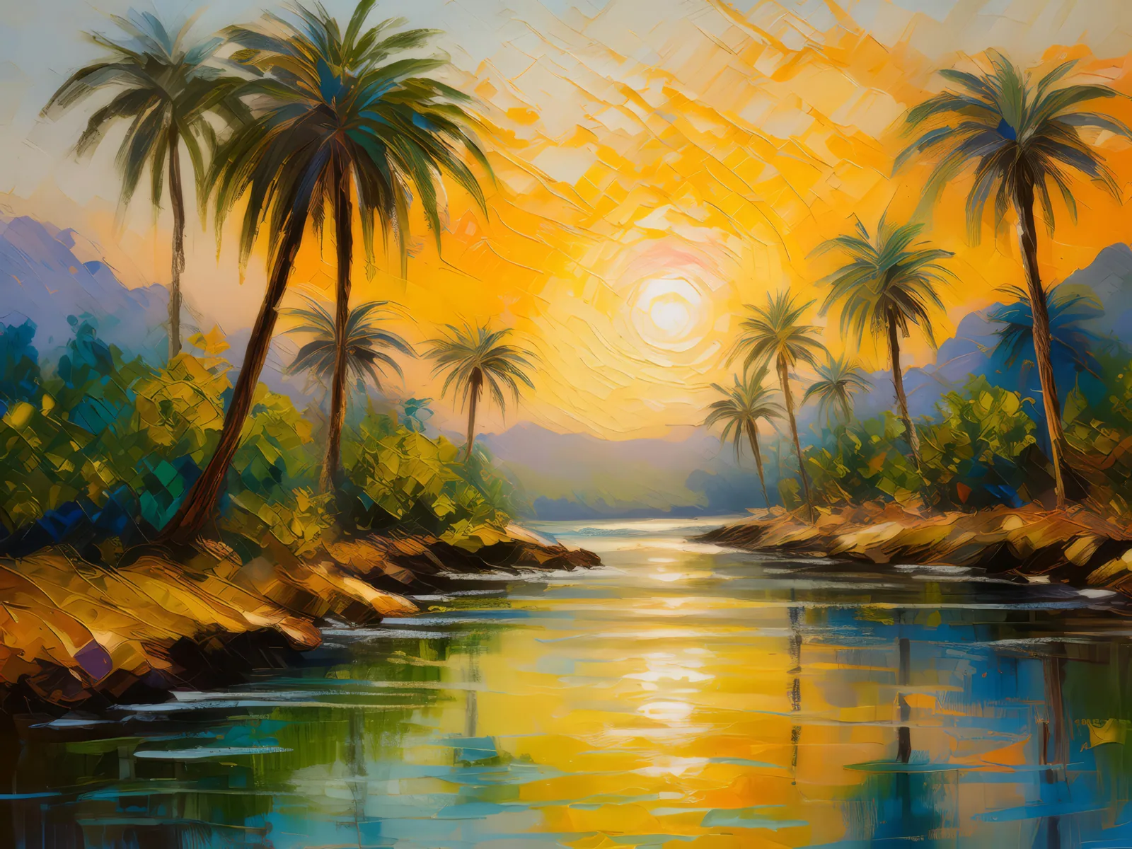 Sunrise Oasis Splendor, a palette-knife oil landscape by Emma Mickelberg