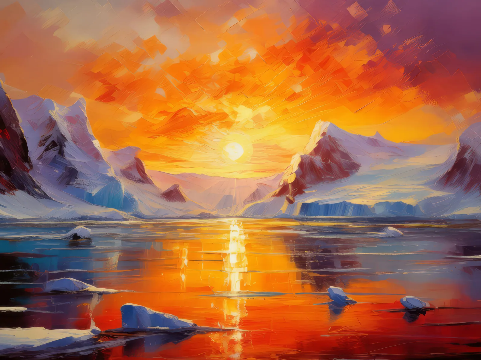 Sunrise on Ice Cap, a palette-knife oil landscape by Emma Mickelberg