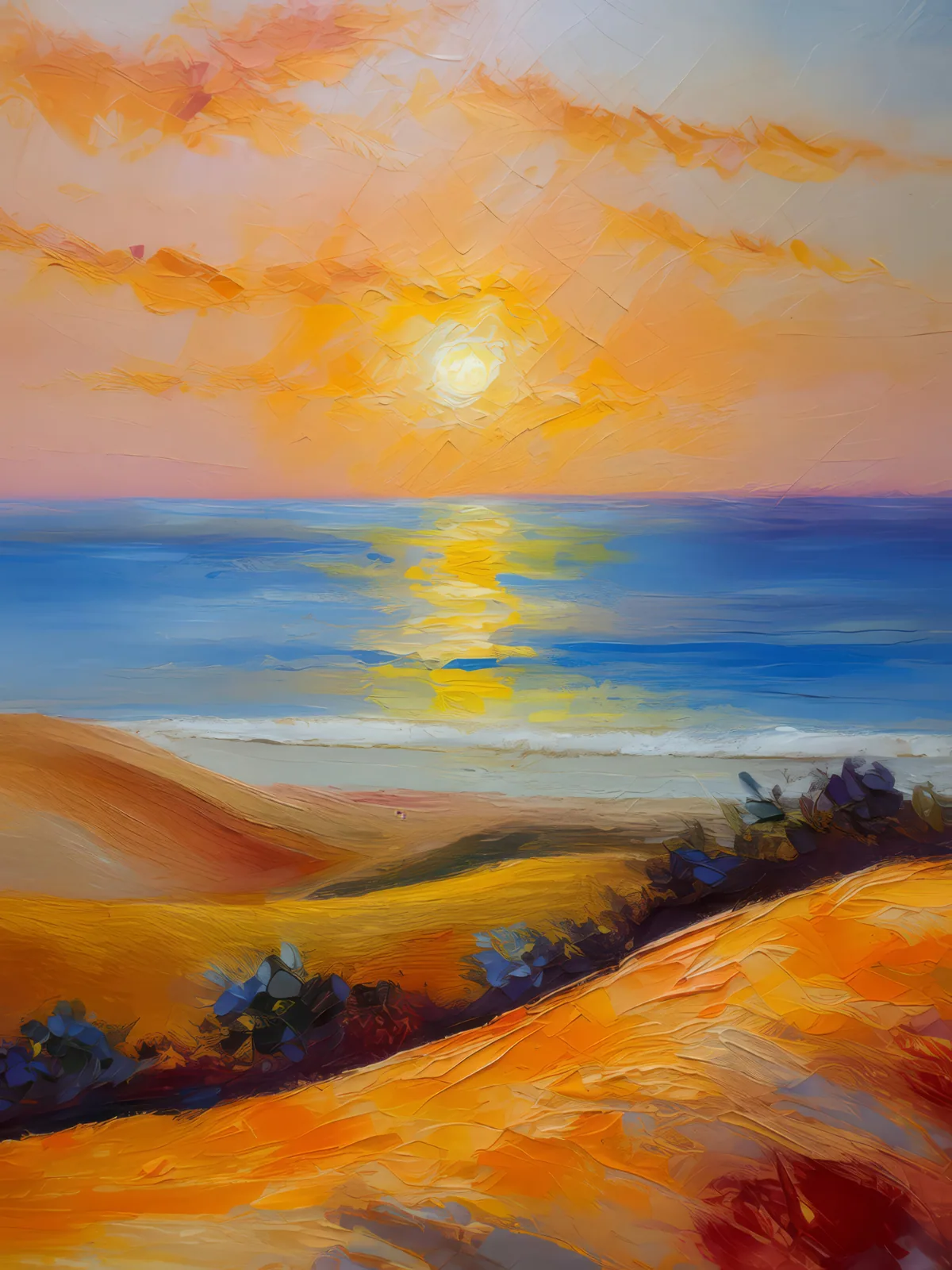 Sunrise on the Ocean Desert, a palette-knife oil landscape by Emma Mickelberg