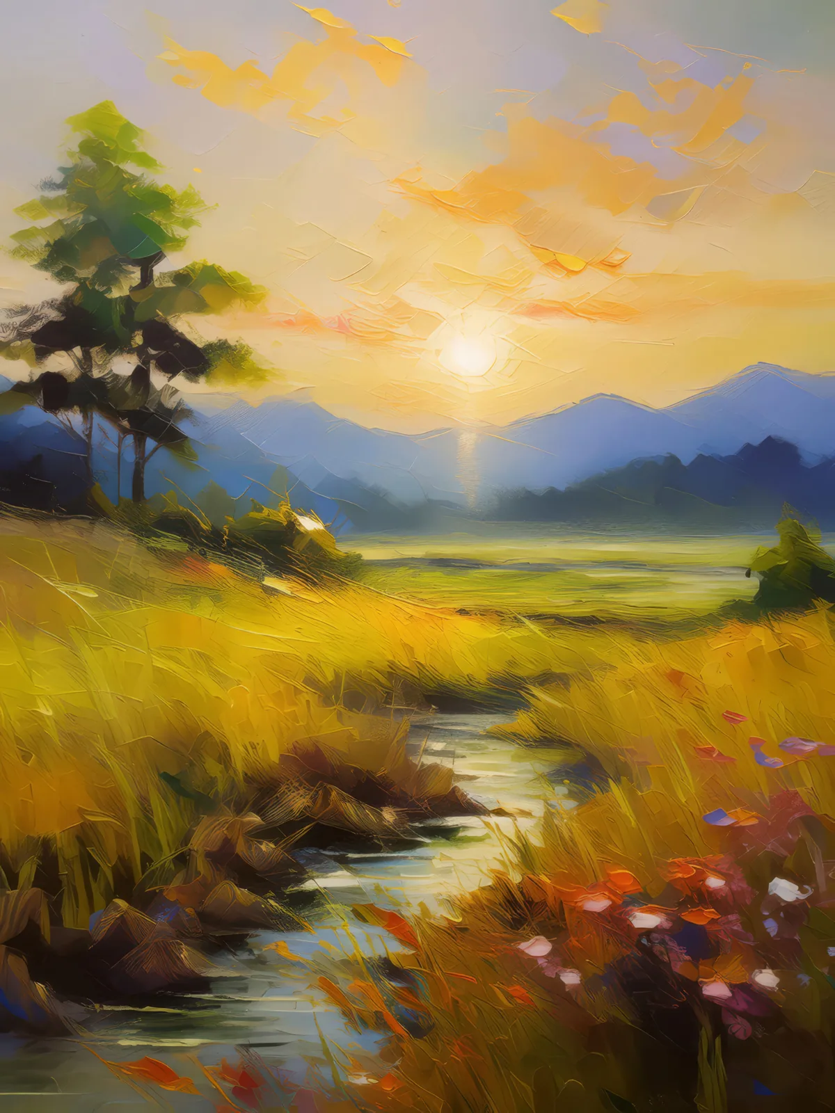 Sunrise on the Quiet Grassland, a palette-knife oil landscape by Emma Mickelberg