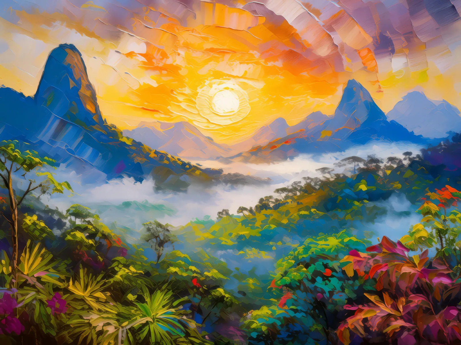 Sunrise on Tropical Peaks, a palette-knife oil landscape by Emma Mickelberg
