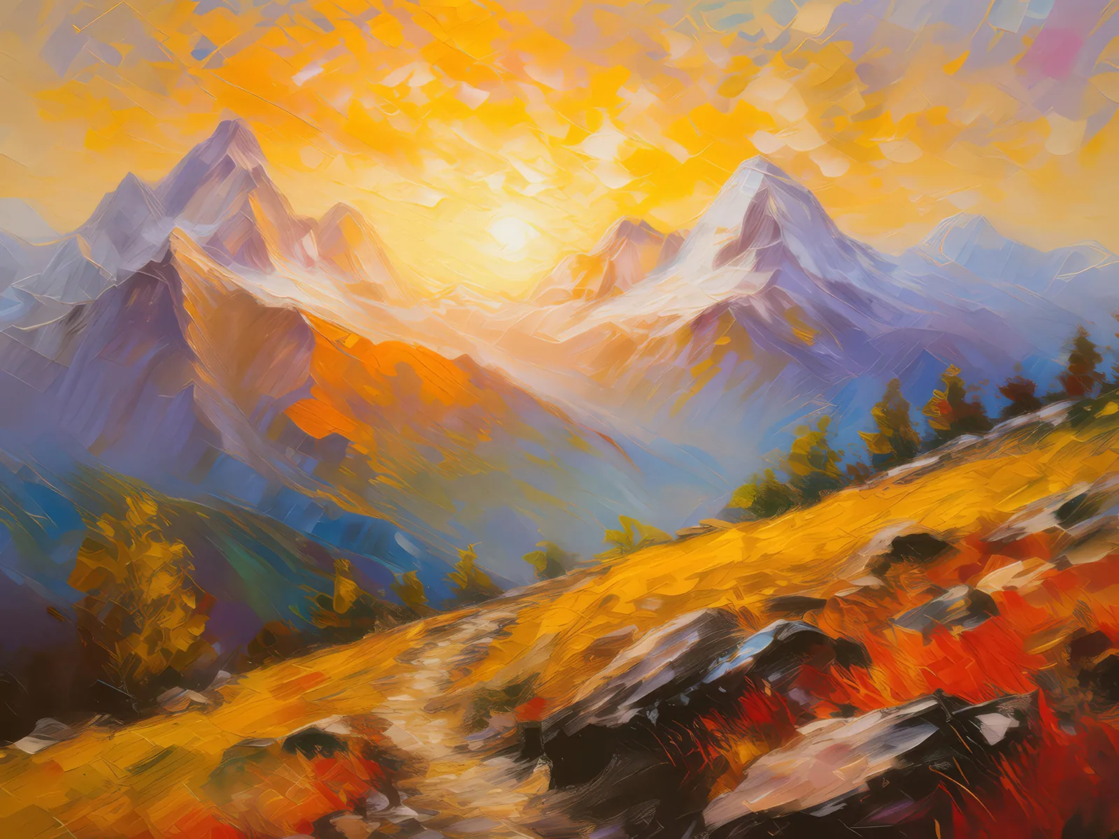 Sunrise Over Alpine Ridge, a palette-knife oil landscape by Emma Mickelberg