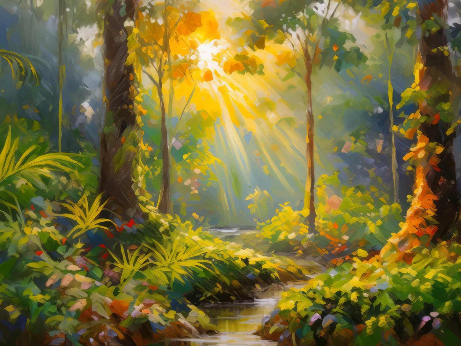 Sunrise Over Boreal Canopy, a palette-knife oil landscape by Emma Mickelberg