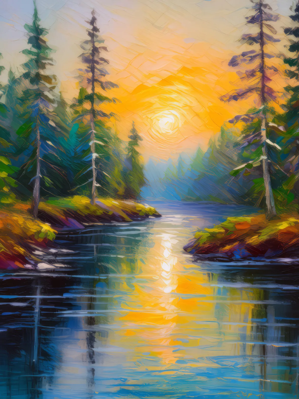 Sunrise Over Boreal River, a palette-knife oil landscape by Emma Mickelberg
