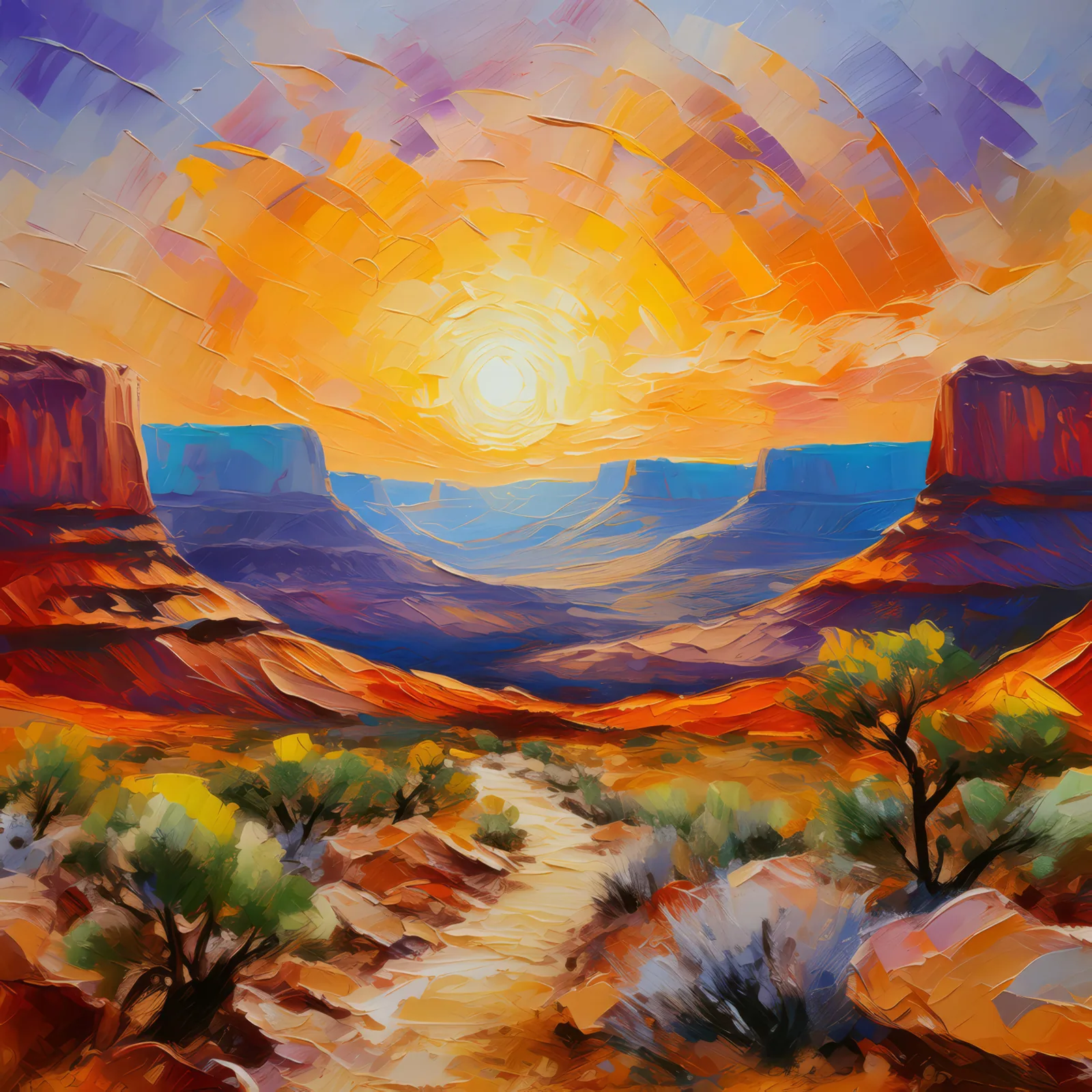 Sunrise Over Desert Mesa, a palette-knife oil landscape by Emma Mickelberg