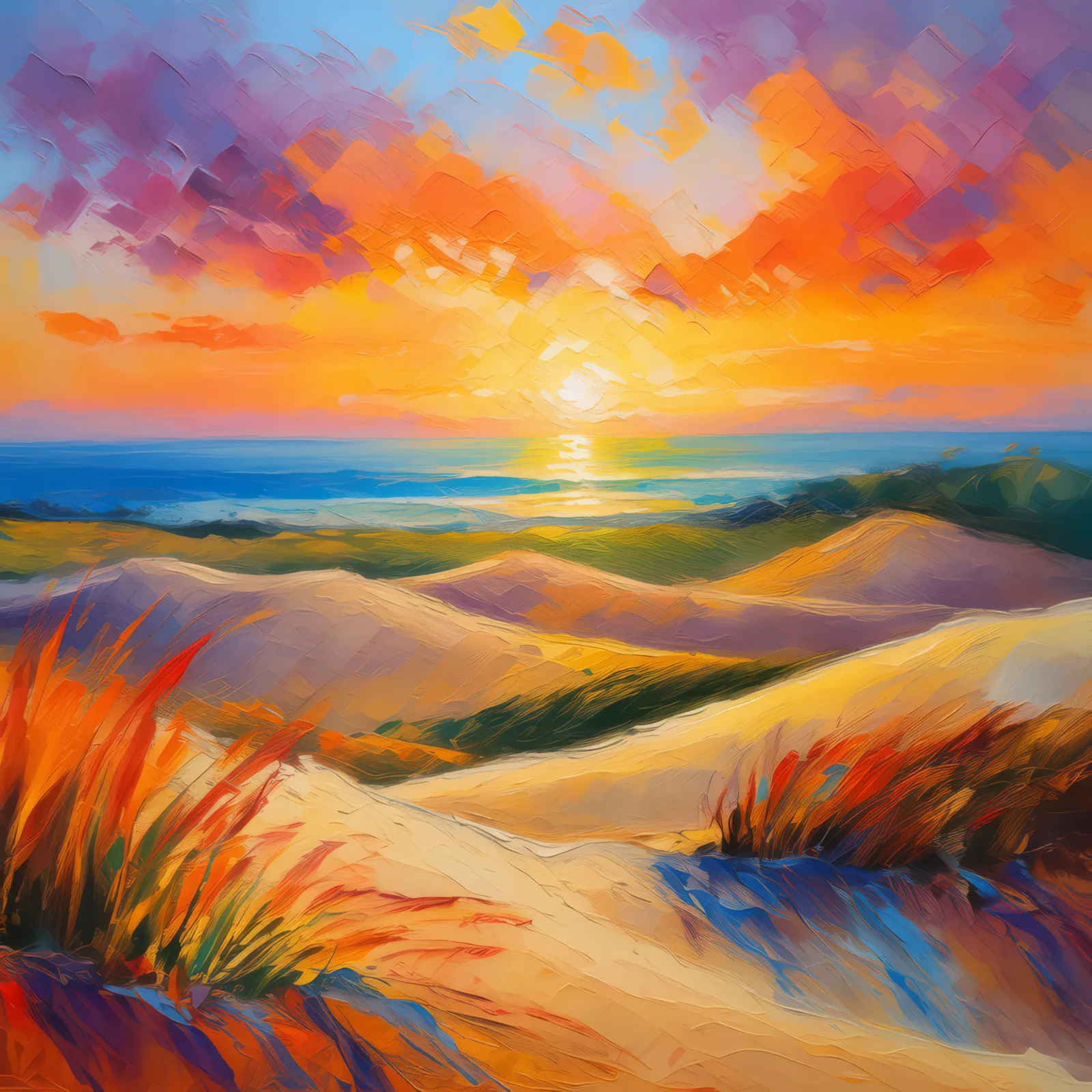 Sunrise Over Dunes, a palette-knife oil landscape by Emma Mickelberg