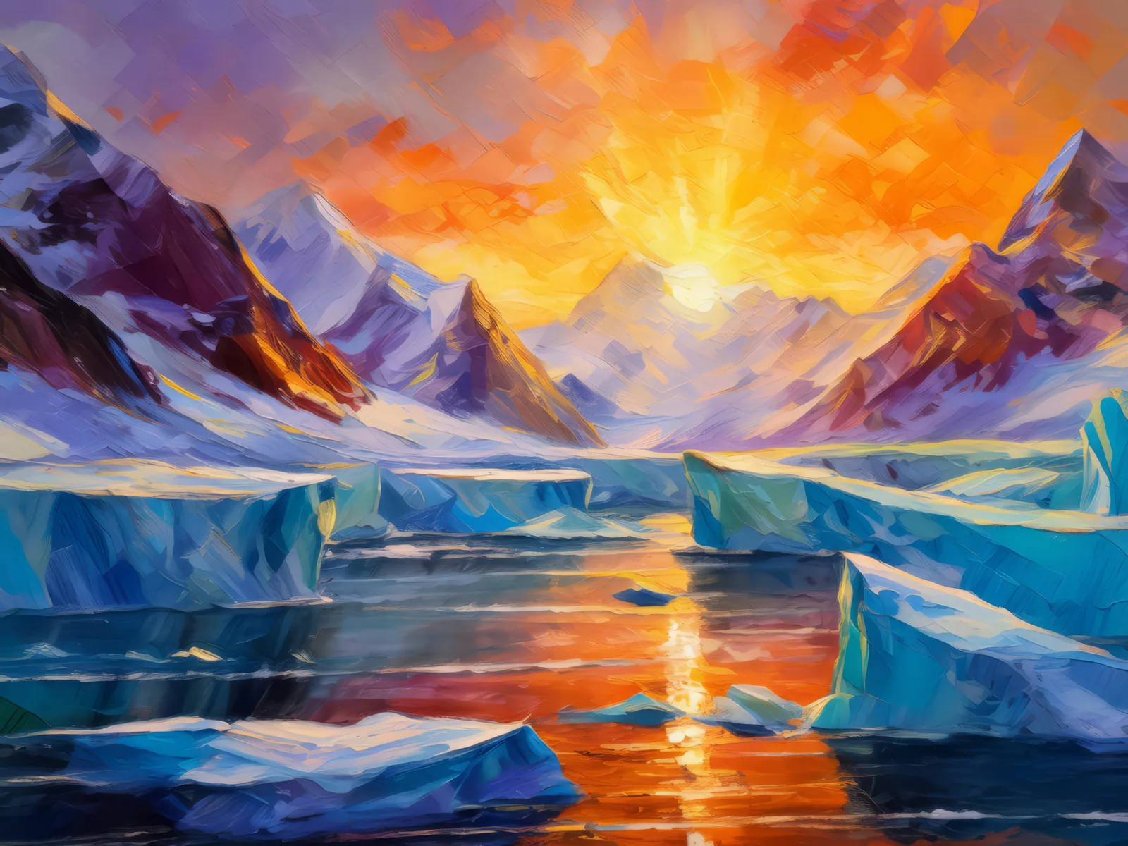 Sunrise Over Glacier, a palette-knife oil landscape by Emma Mickelberg