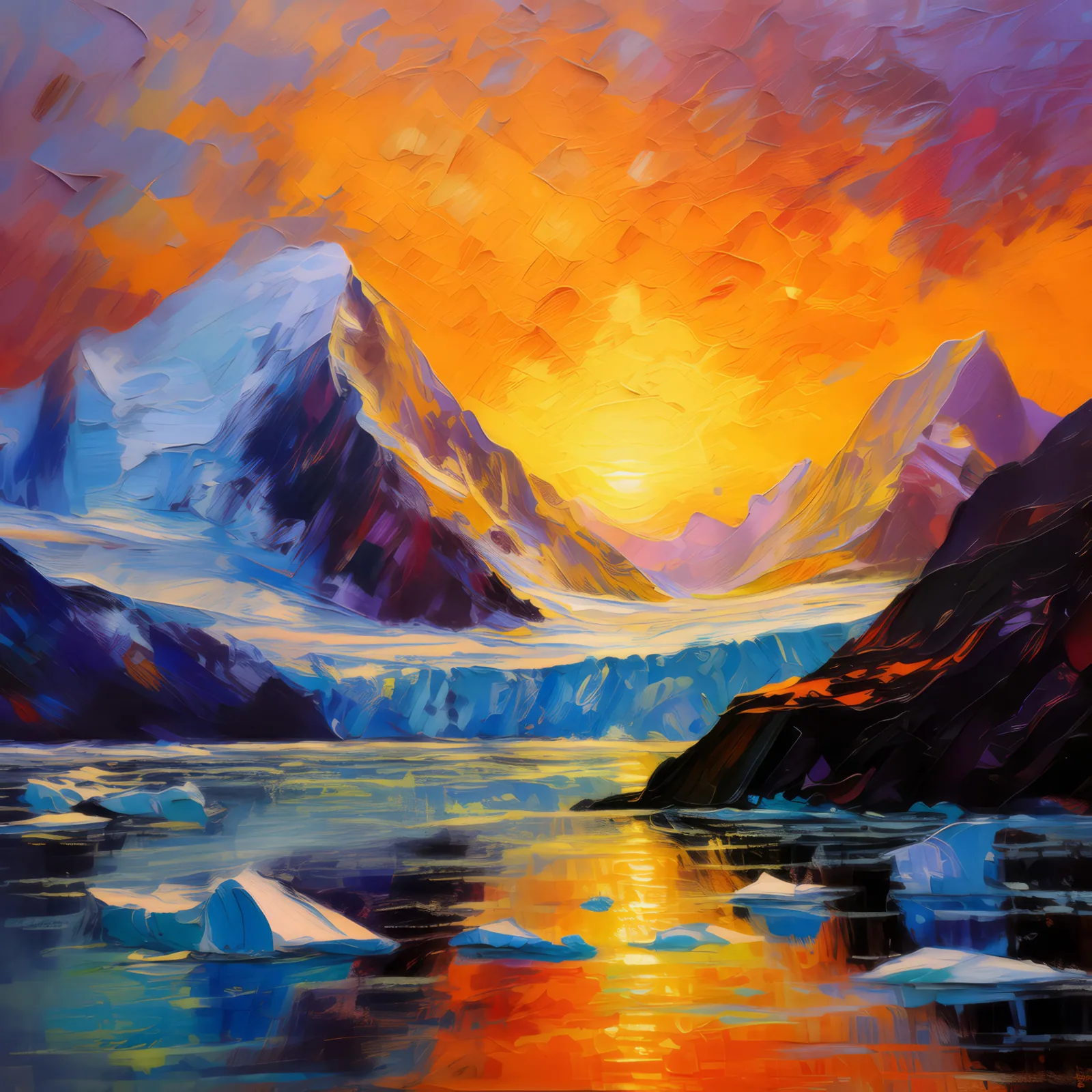 Sunrise Over Glaciers, a palette-knife oil landscape by Emma Mickelberg