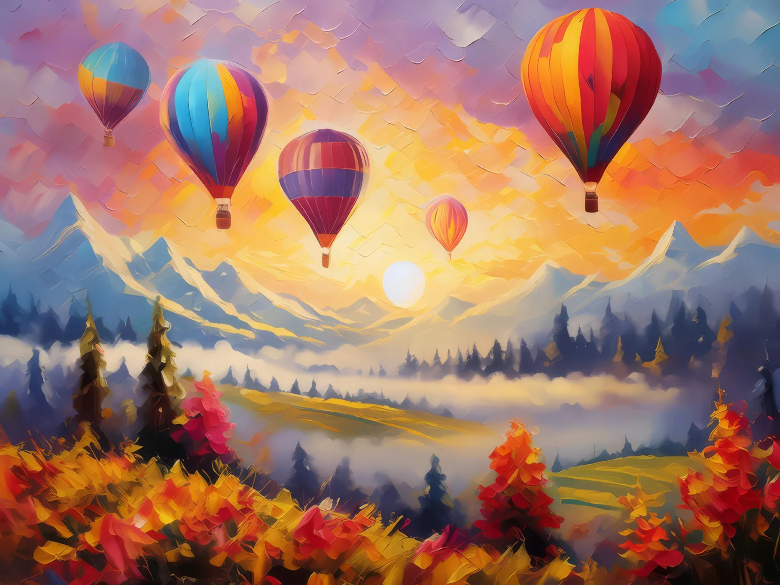 Sunrise Over Hot Air Balloons, a palette-knife oil landscape by Emma Mickelberg