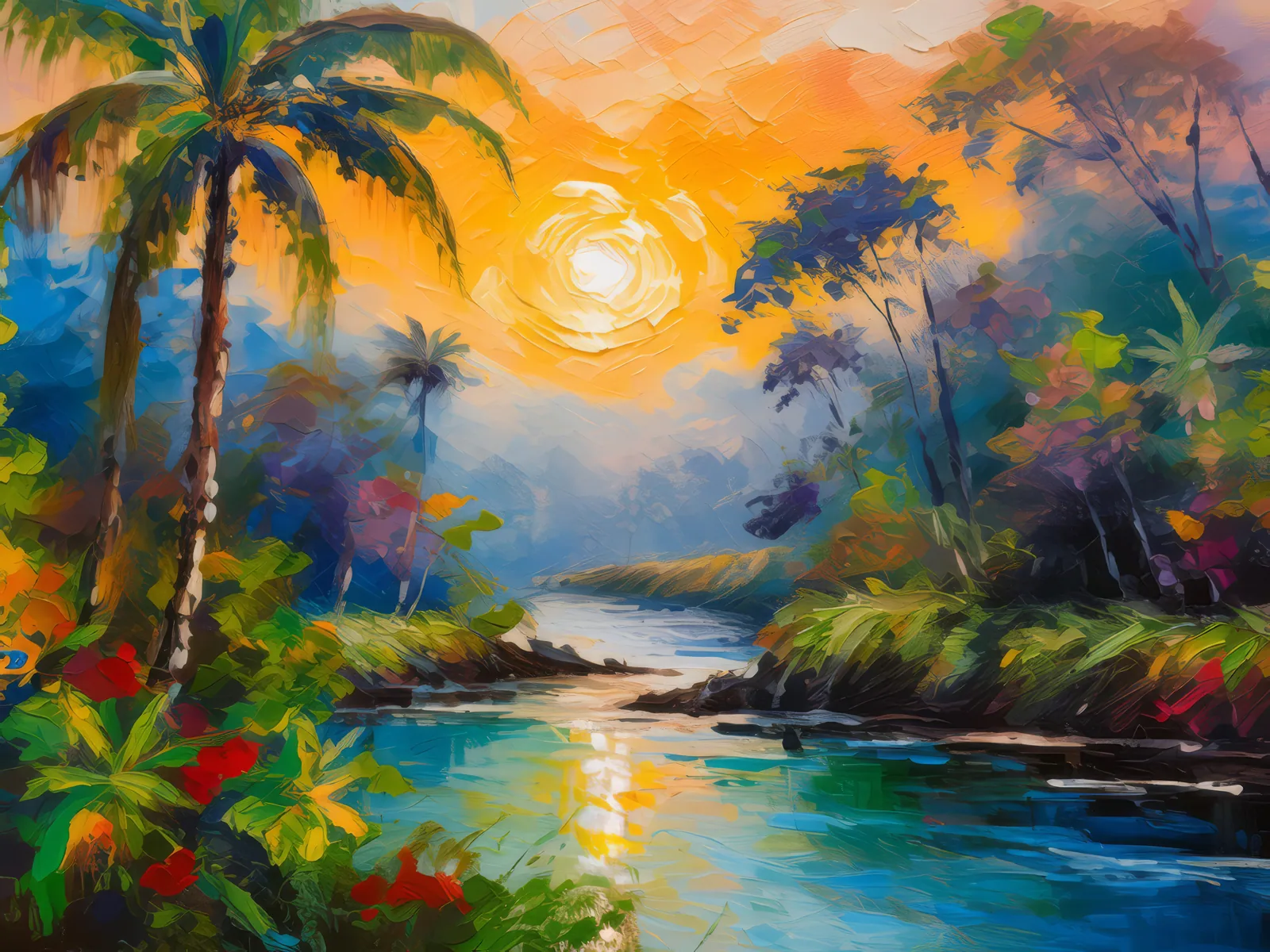 Sunrise Over Jungle River, a palette-knife oil landscape by Emma Mickelberg