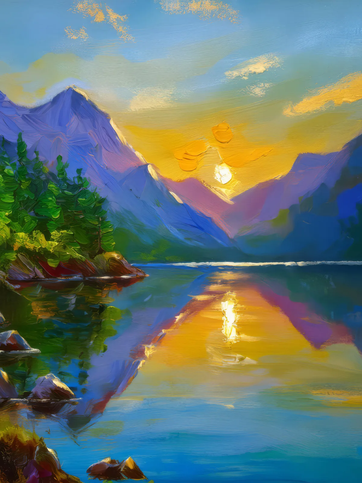 Sunrise Over Lake, a palette-knife oil landscape by Emma Mickelberg
