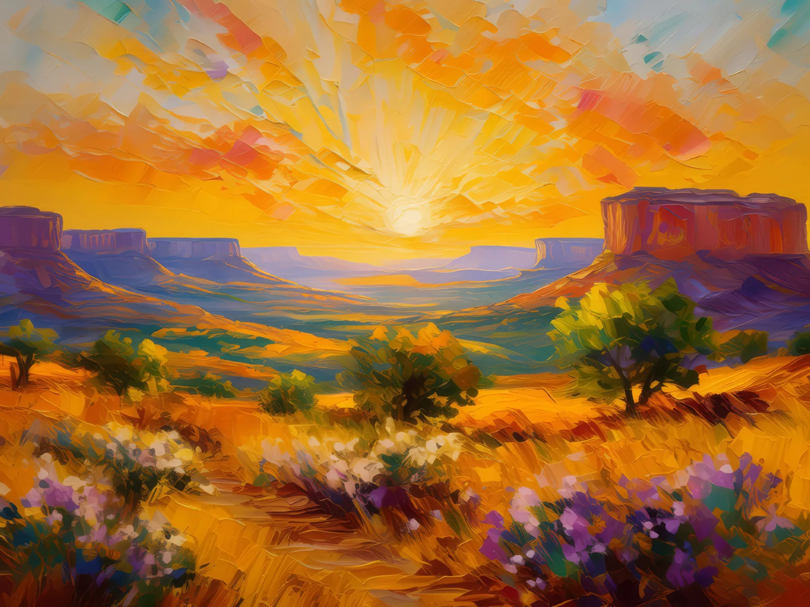 Sunrise Over Mesa, a palette-knife oil landscape by Emma Mickelberg