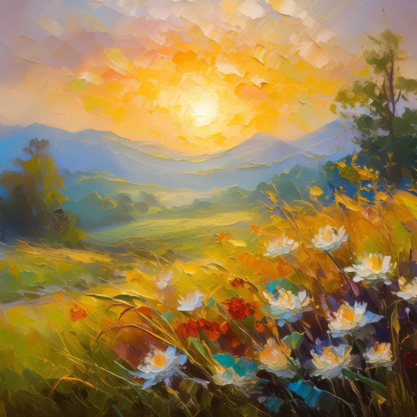 Sunrise Over Misty Grassland, a palette-knife oil landscape by Emma Mickelberg