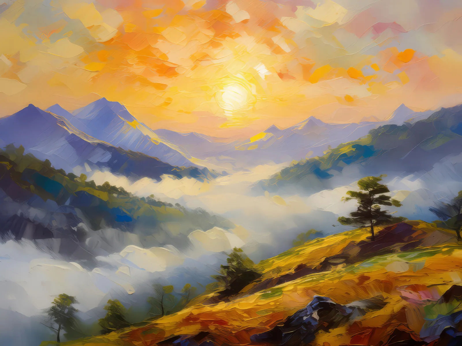 Sunrise Over Misty Mountains, a palette-knife oil landscape by Emma Mickelberg