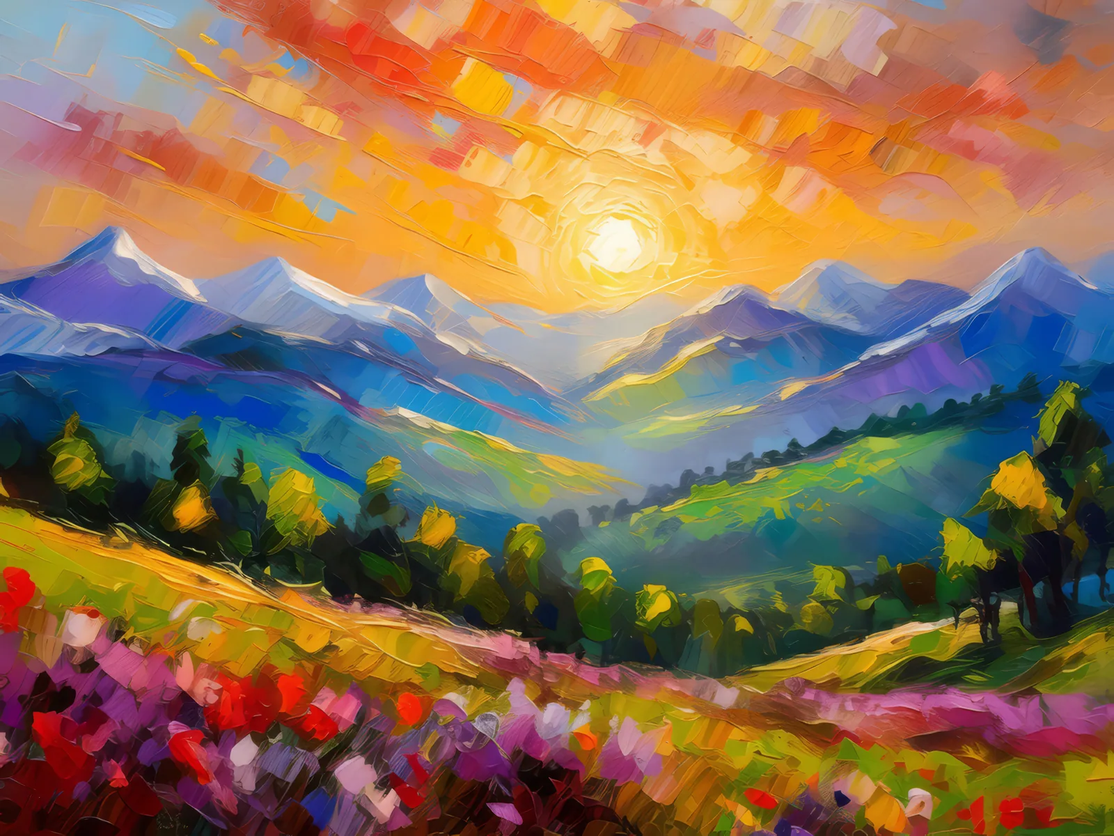 Sunrise Over Mountains, a palette-knife oil landscape by Emma Mickelberg