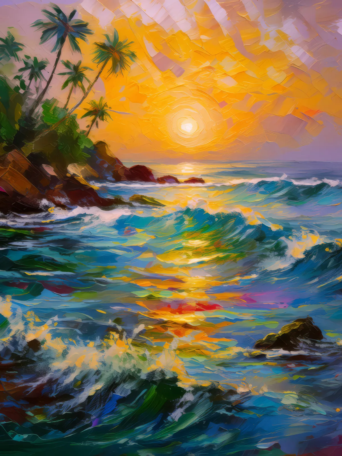 Sunrise Over Ocean Waves, a palette-knife oil landscape by Emma Mickelberg