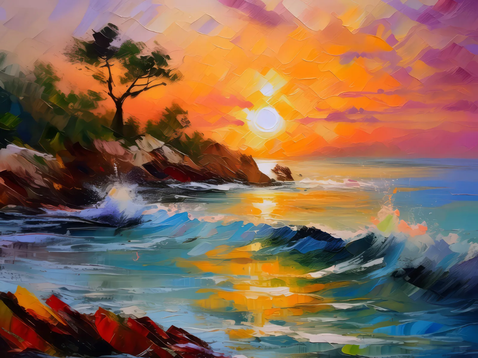 Sunrise Over Ocean, a palette-knife oil landscape by Emma Mickelberg