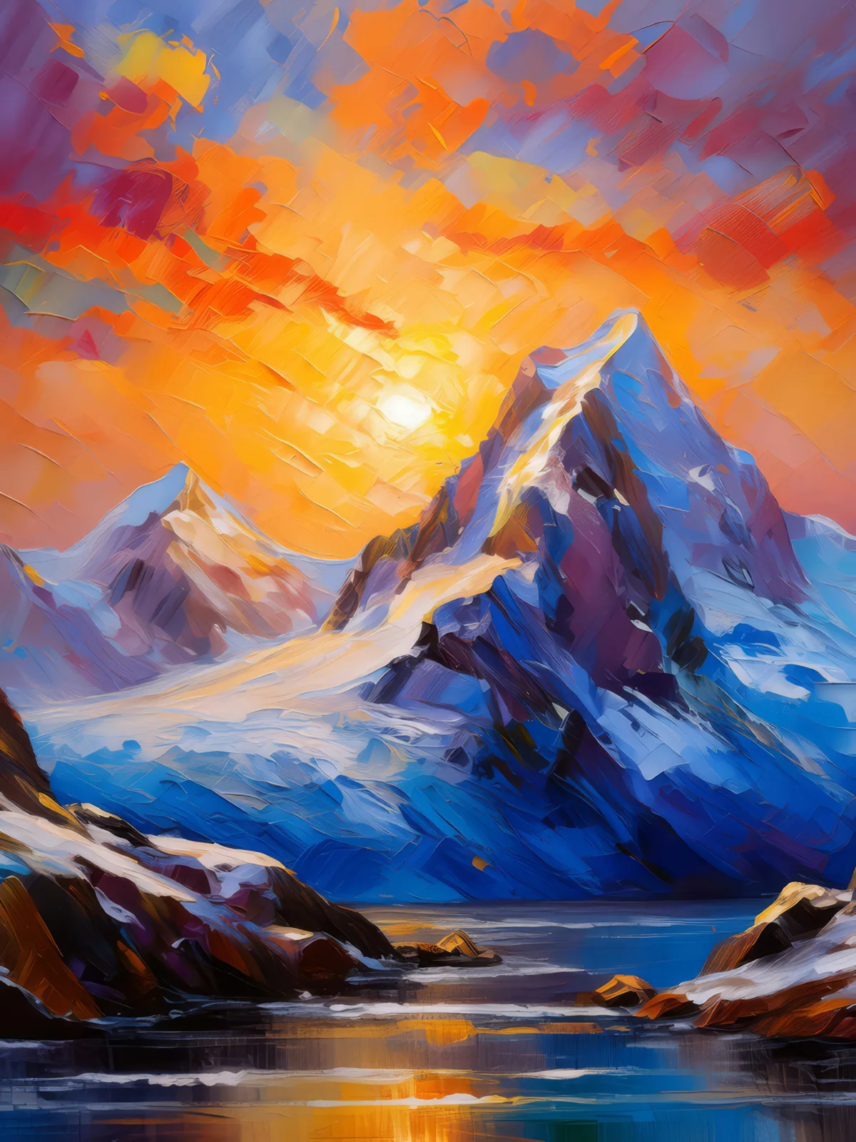 Sunrise Over Peaks, a palette-knife oil landscape by Emma Mickelberg