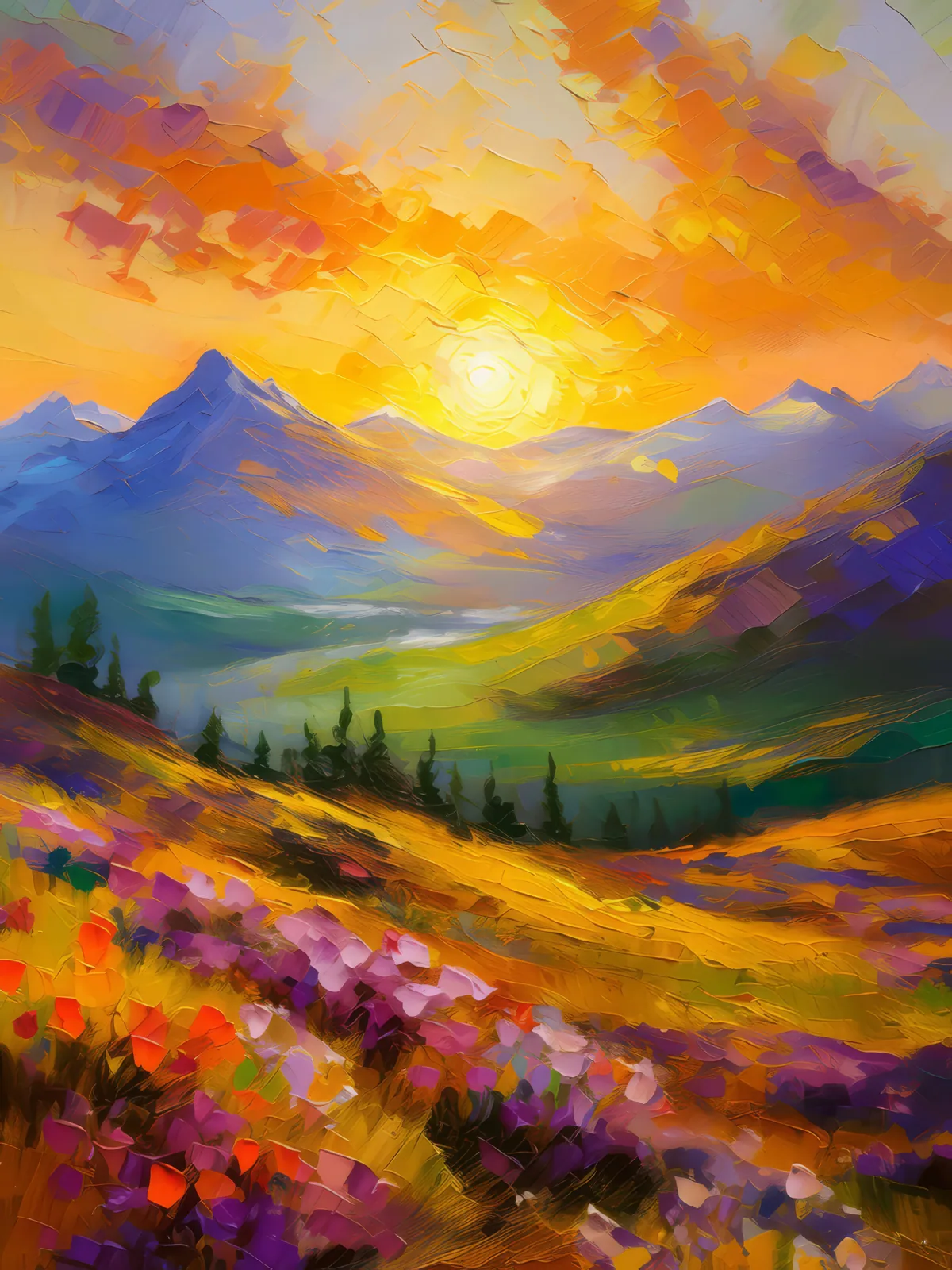 Sunrise Over Tundra, a palette-knife oil landscape by Emma Mickelberg