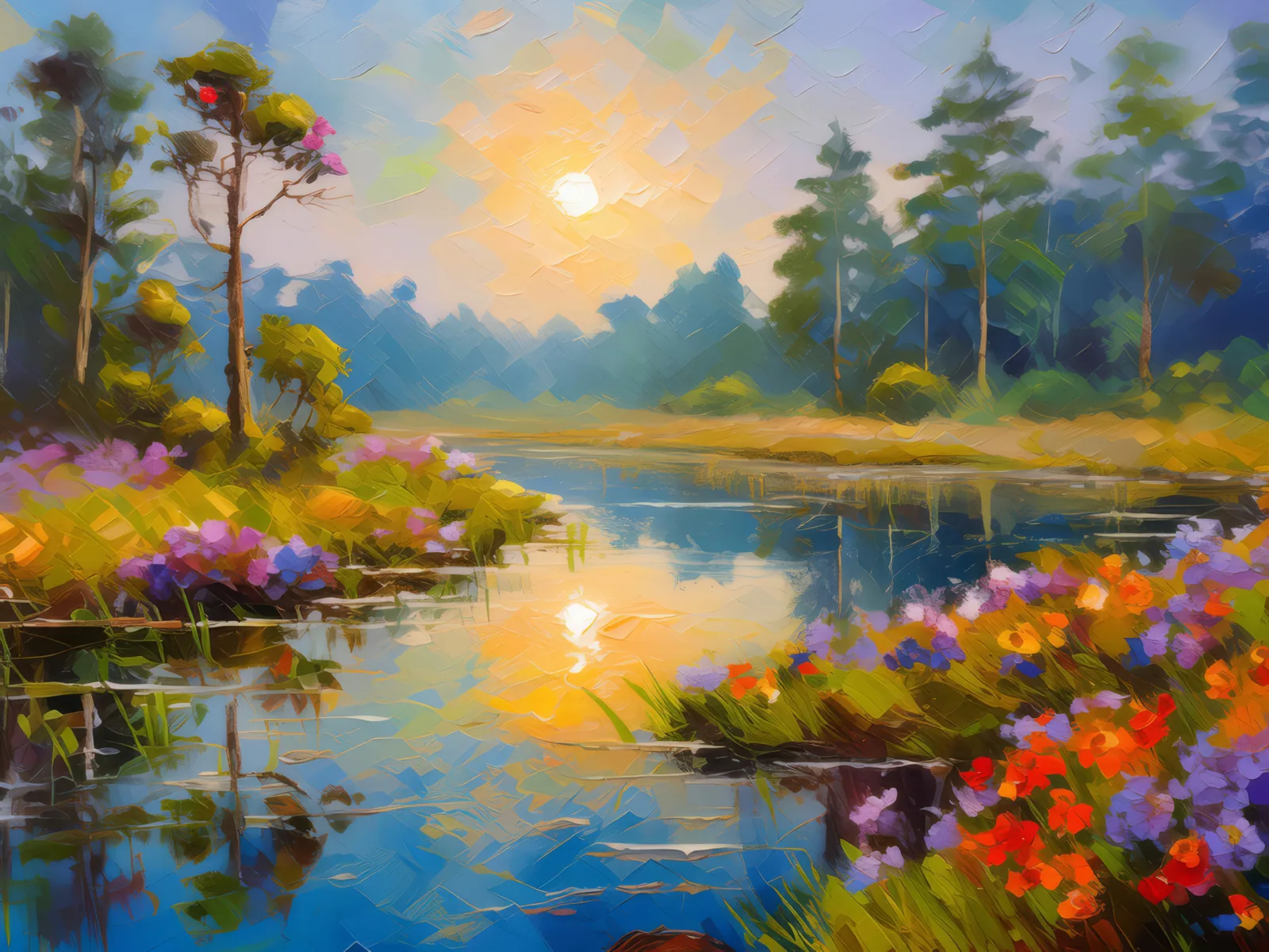 Sunrise Reflections on Moor, a palette-knife oil landscape by Emma Mickelberg