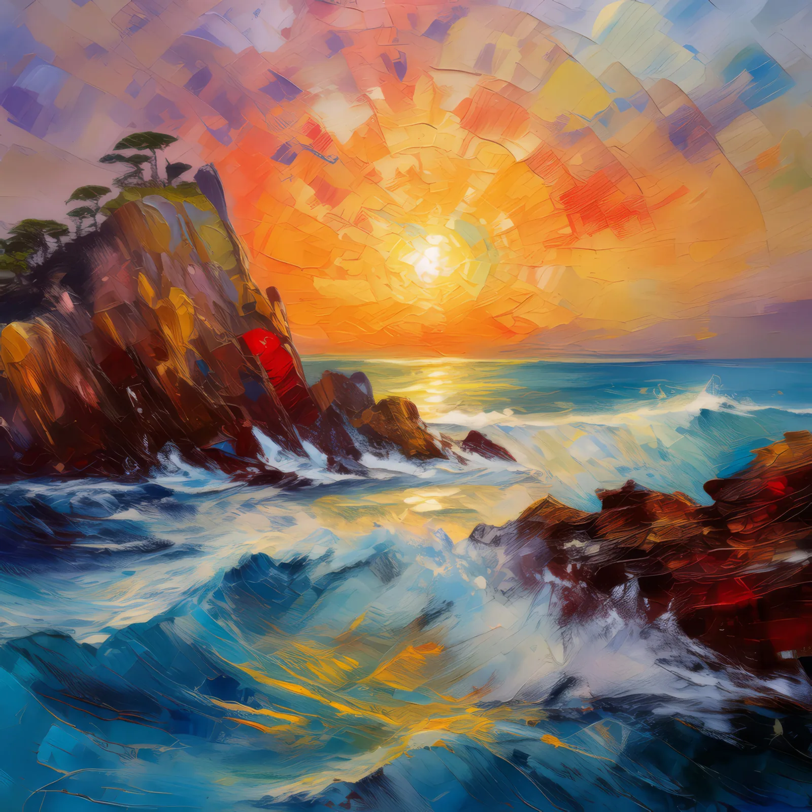 Sunrise Serenade on Craggy Stage, a palette-knife oil landscape by Emma Mickelberg